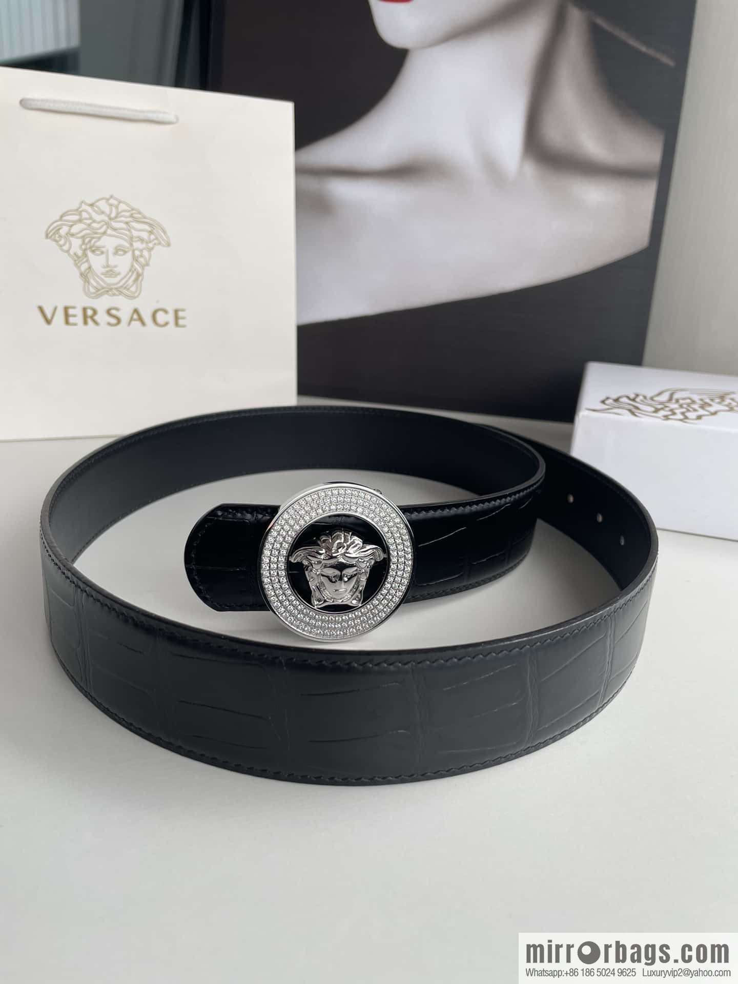 VERSACE Versace, Men's Black Cowhide Crocodile Textured Belt 3.8cm