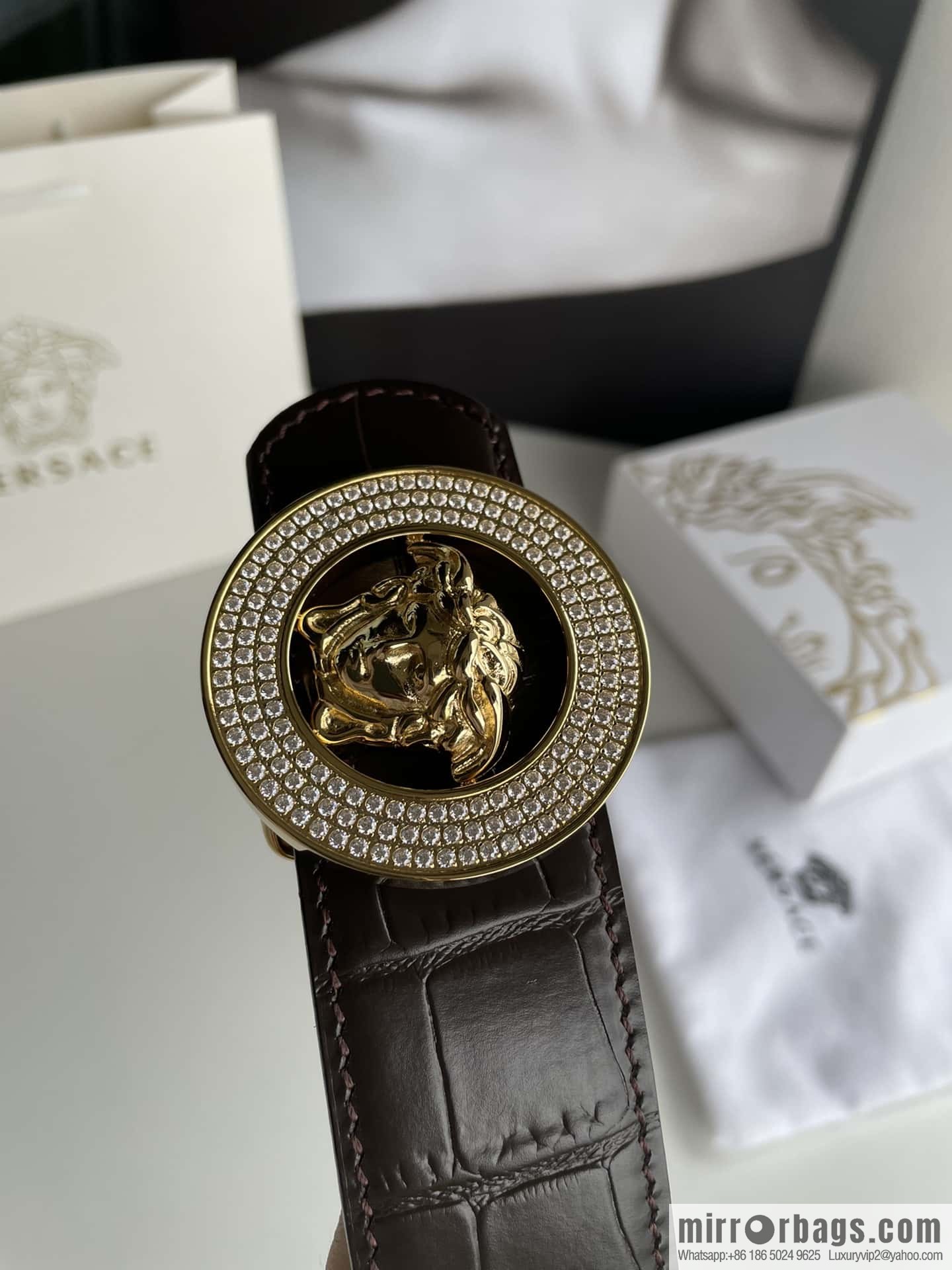 VERSACE Versace, Men's Black Cowhide Crocodile Textured Belt 3.8cm