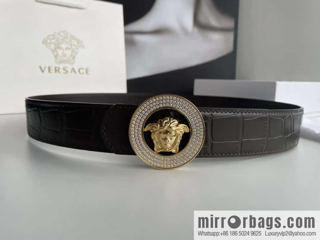 VERSACE Versace, Men's Black Cowhide Crocodile Textured Belt 3.8cm