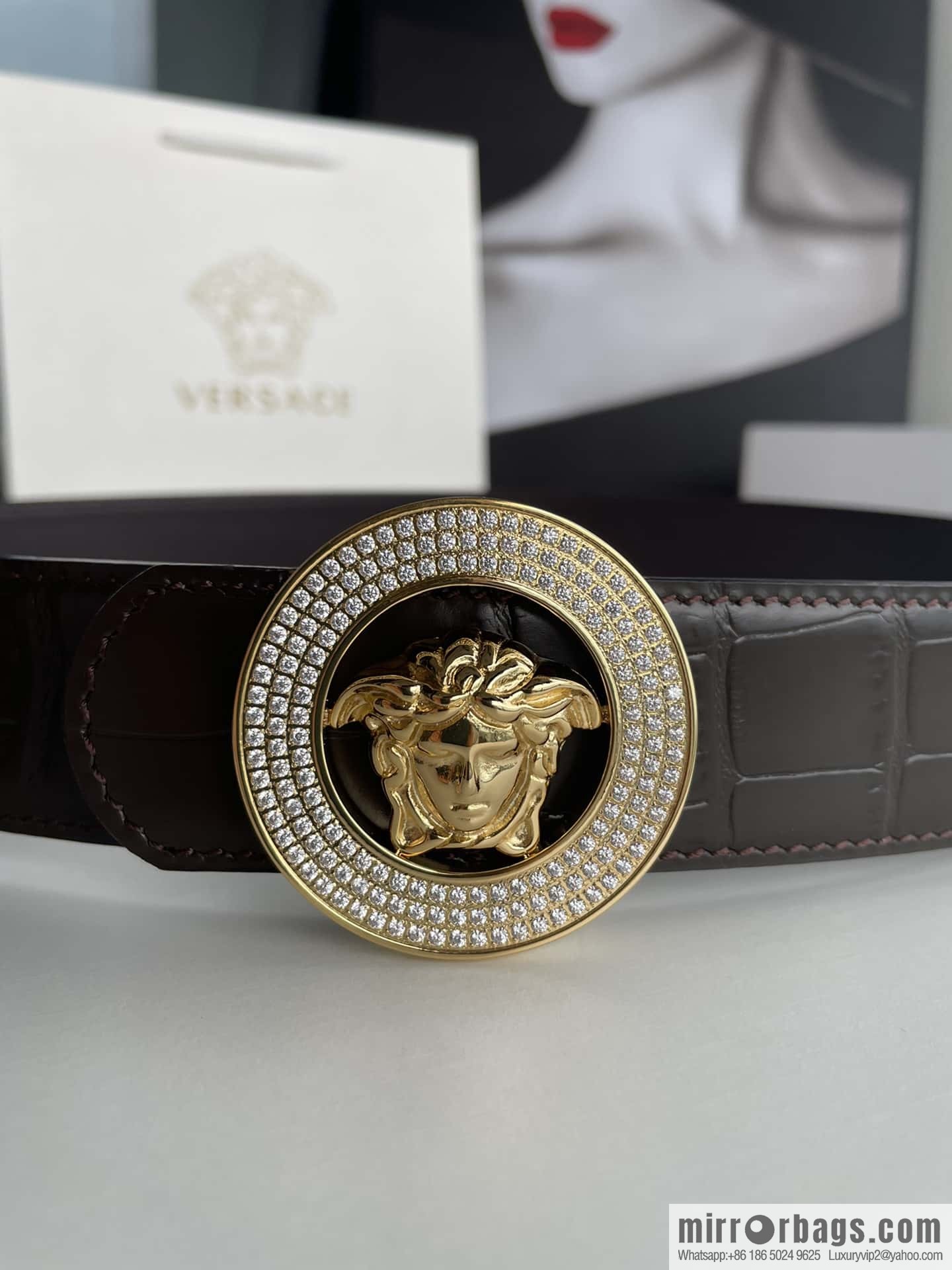 VERSACE Versace, Men's Black Cowhide Crocodile Textured Belt 3.8cm