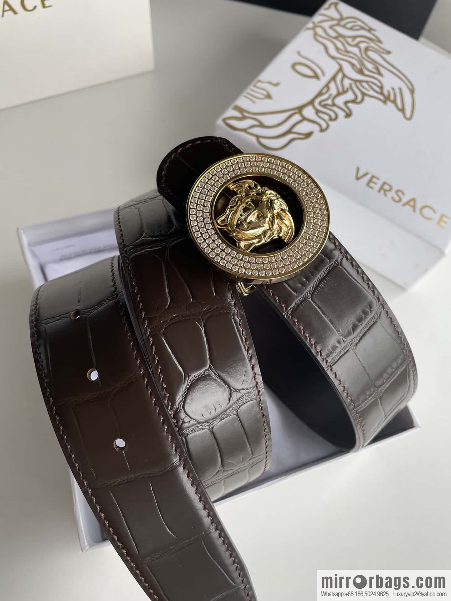 VERSACE Versace, Men's Black Cowhide Crocodile Textured Belt 3.8cm