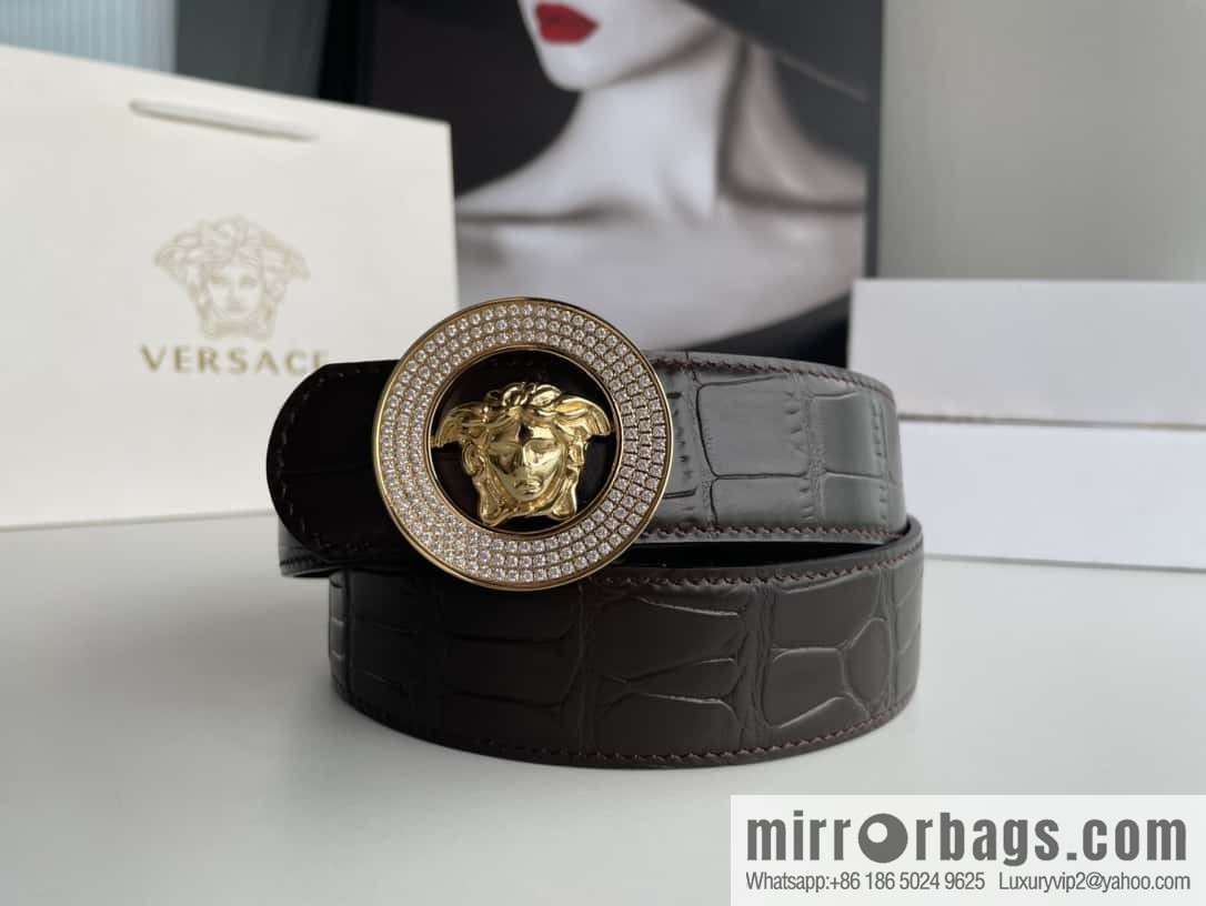 VERSACE Versace, Men's Black Cowhide Crocodile Textured Belt 3.8cm