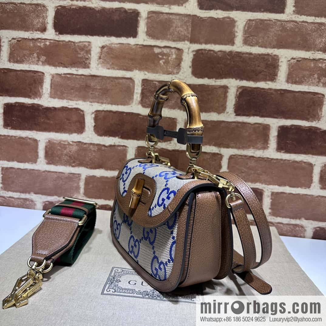 Gucci Bamboo 1947 series super double G bamboo small tote bag 675797 big G blue cloth