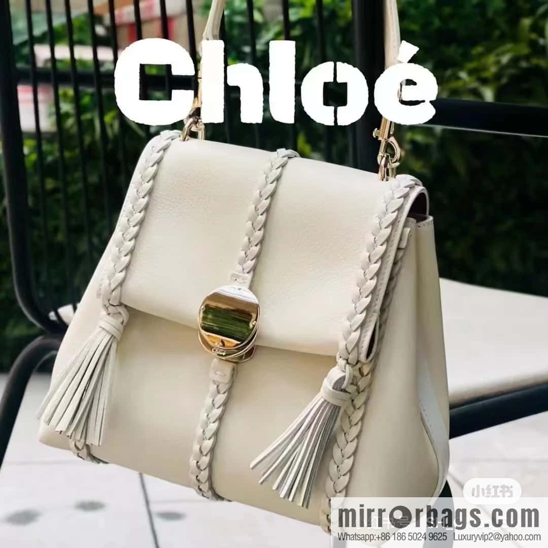 Chloe Penelope Gold Coin Bag, Medium Dropped Leather, White 25CM