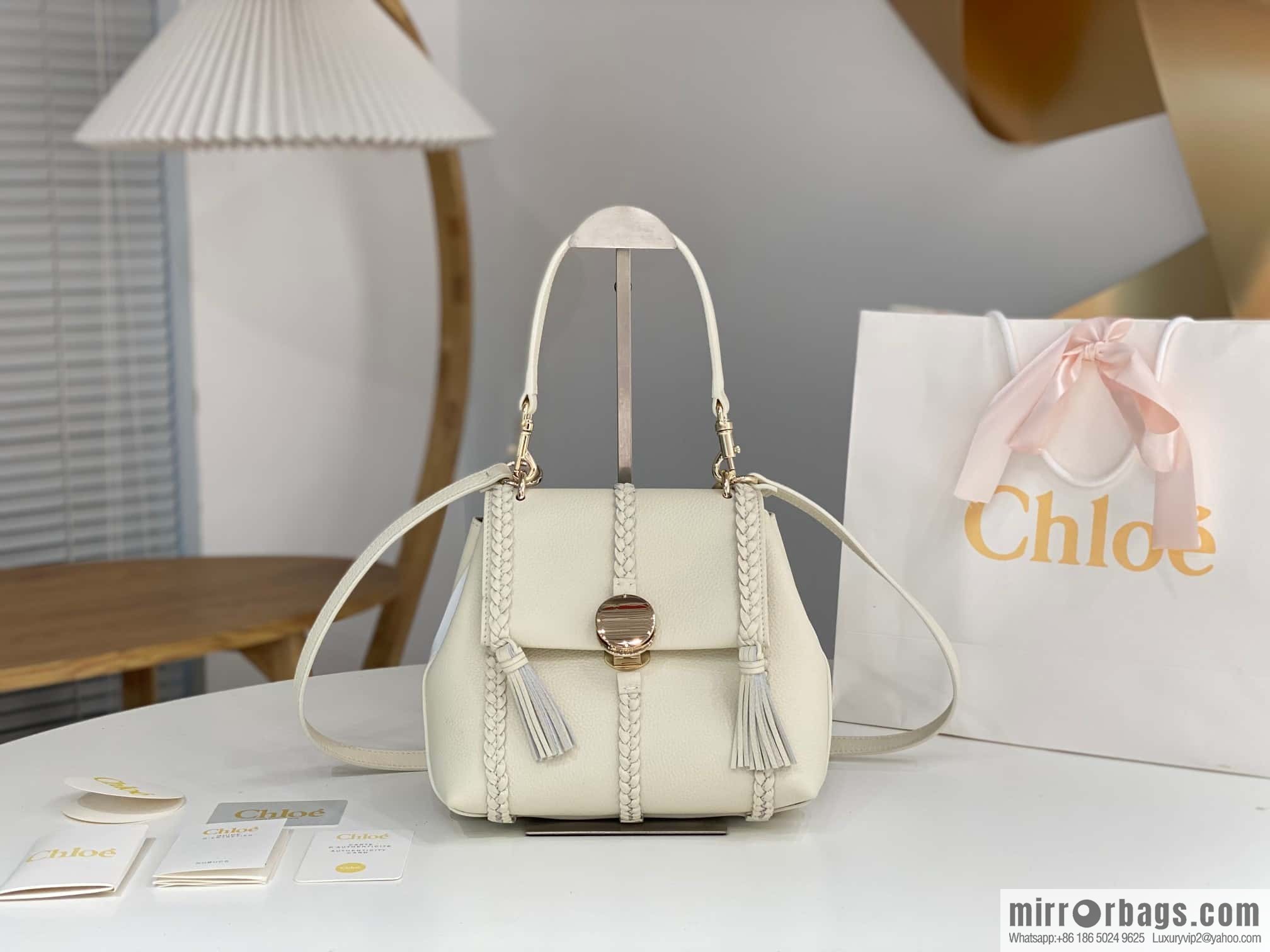 Chloe Penelope Gold Coin Bag, Medium Dropped Leather, White 25CM