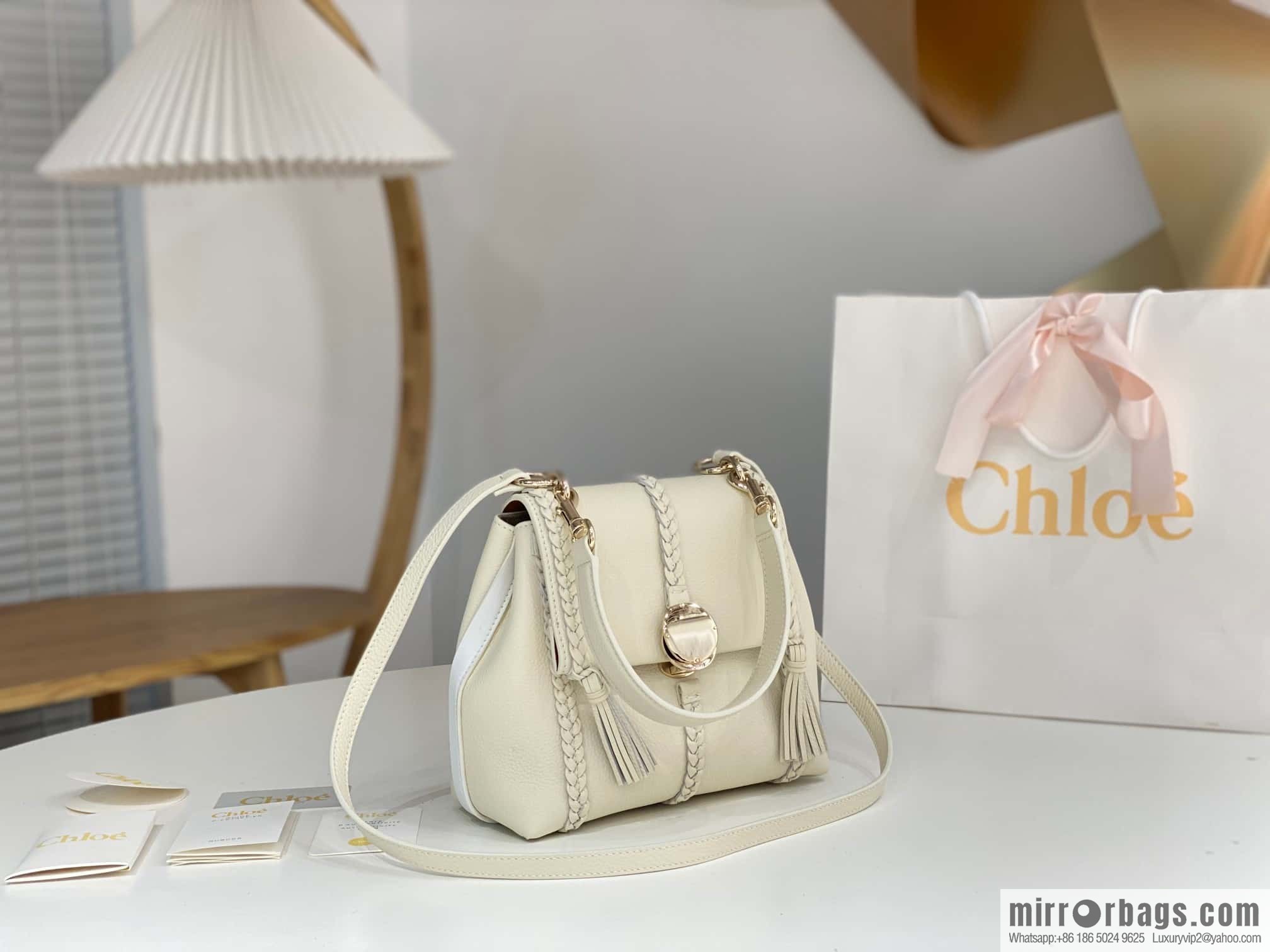 Chloe Penelope Gold Coin Bag, Medium Dropped Leather, White 25CM
