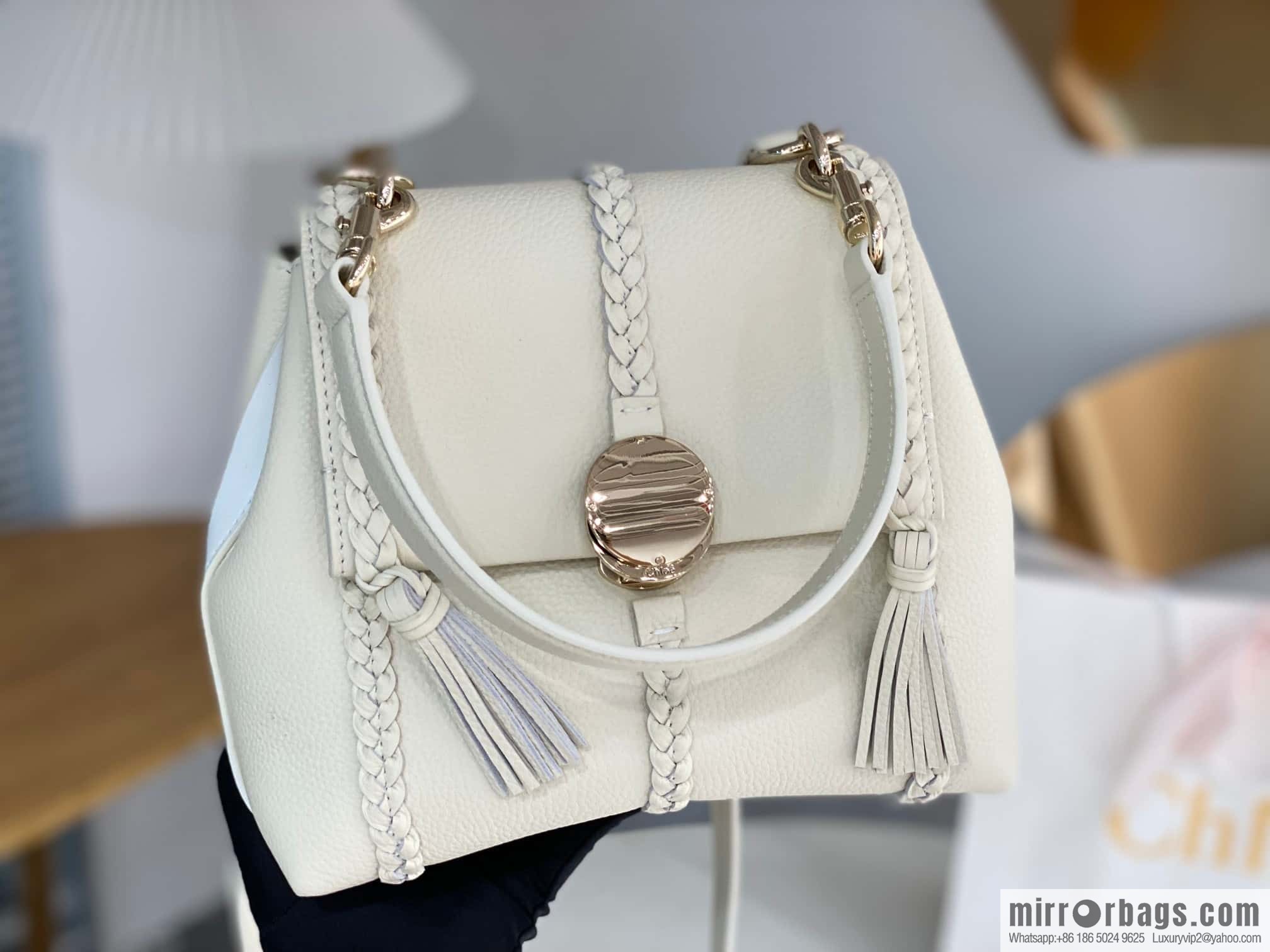 Chloe Penelope Gold Coin Bag, Medium Dropped Leather, White 25CM