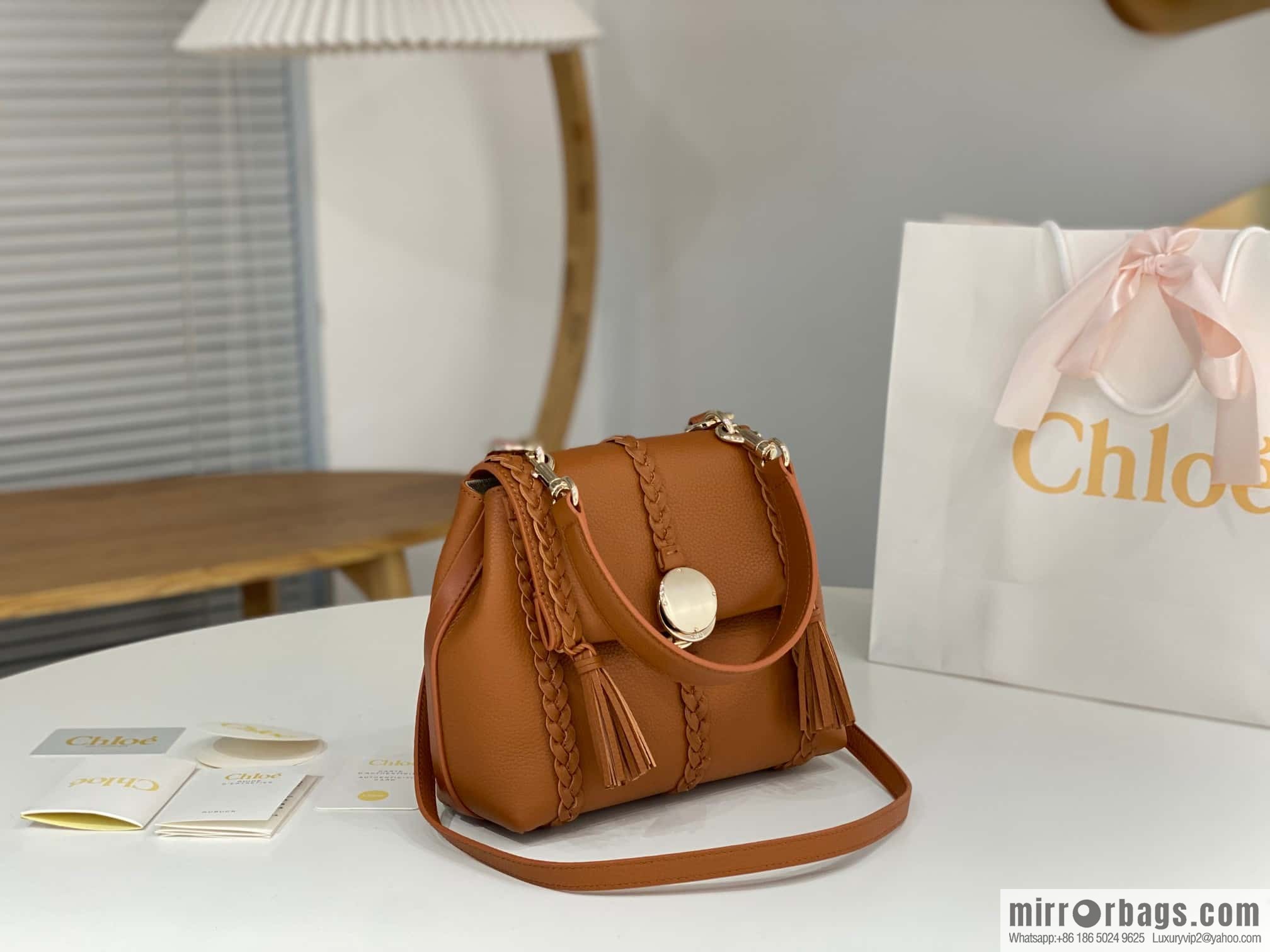 Chloe Penelope Gold Coin Bag, Medium Dropped Leather, Brown 25CM