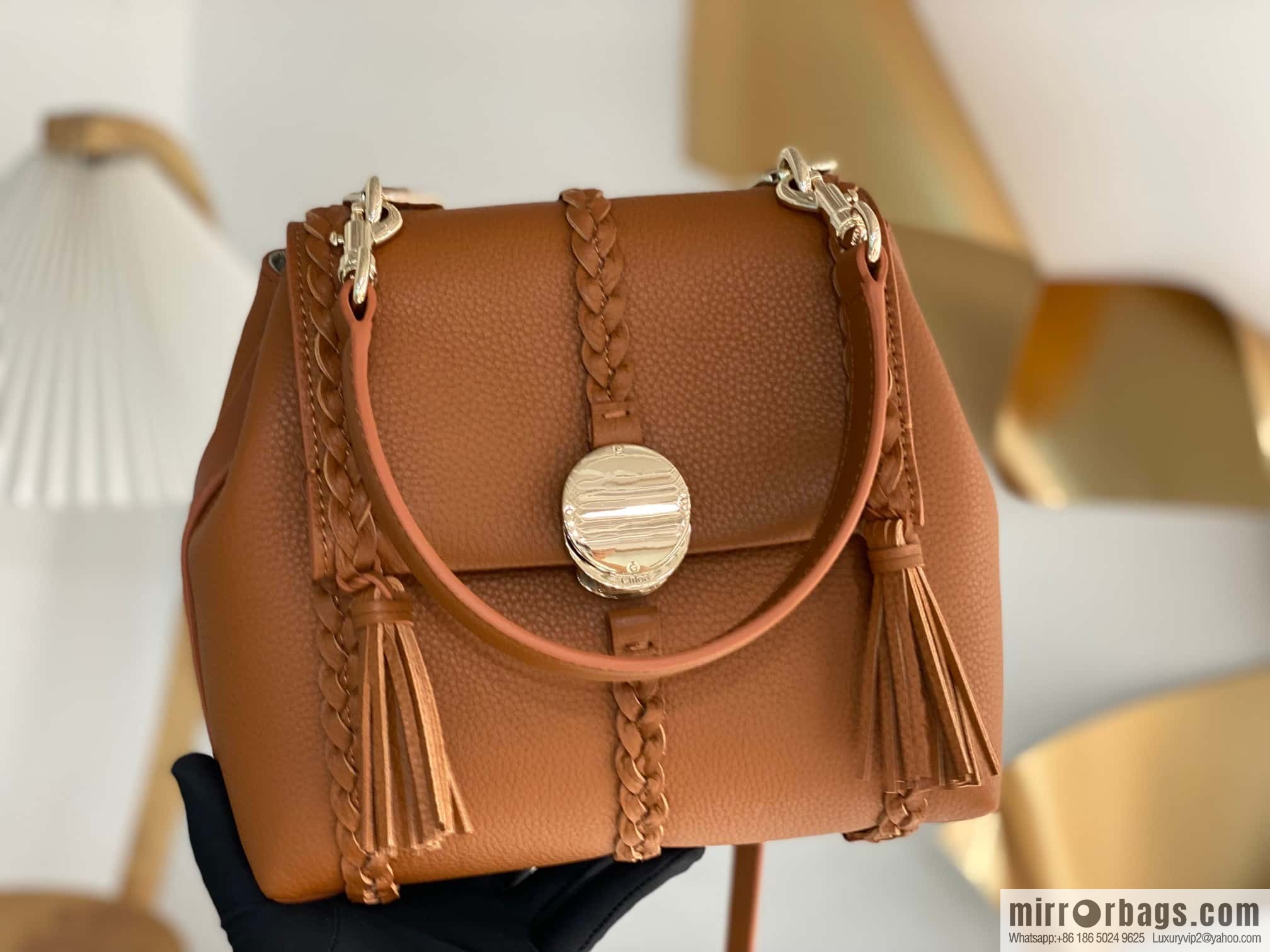 Chloe Penelope Gold Coin Bag, Medium Dropped Leather, Brown 25CM