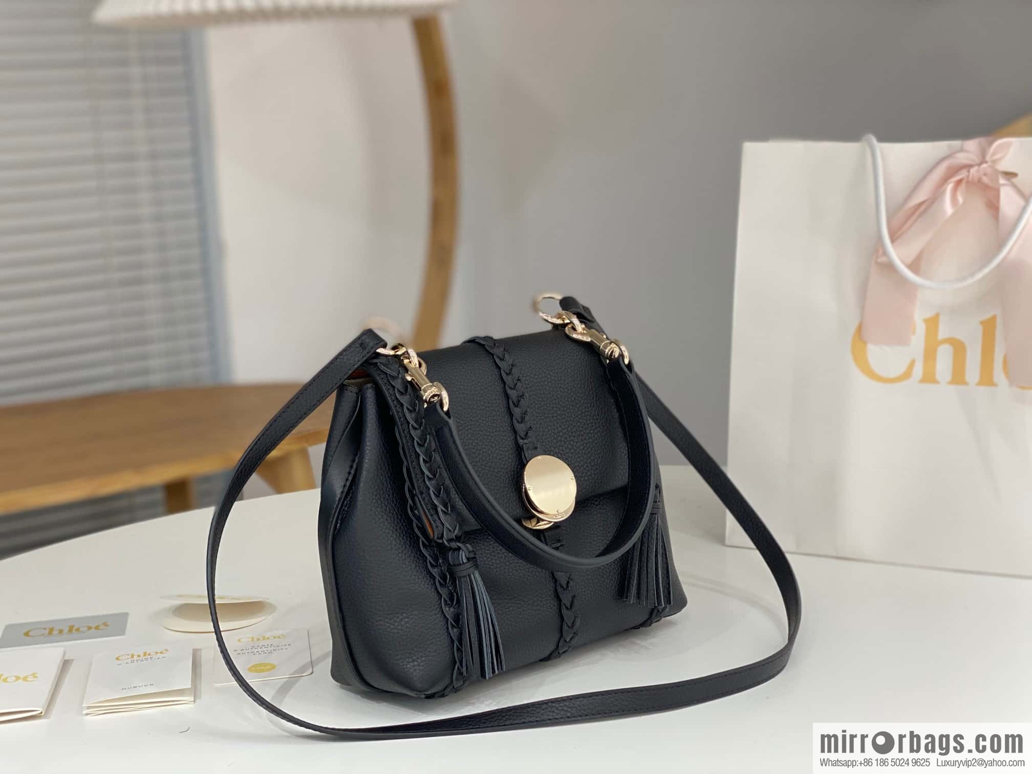 Chloe Penelope Gold Coin Bag, Medium Dropped Leather Black 25CM
