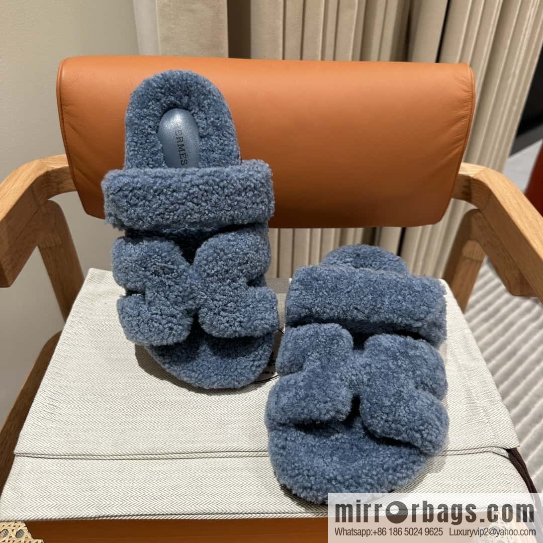 Hermès plush second uncle shoes Chypre sandals, premium blue