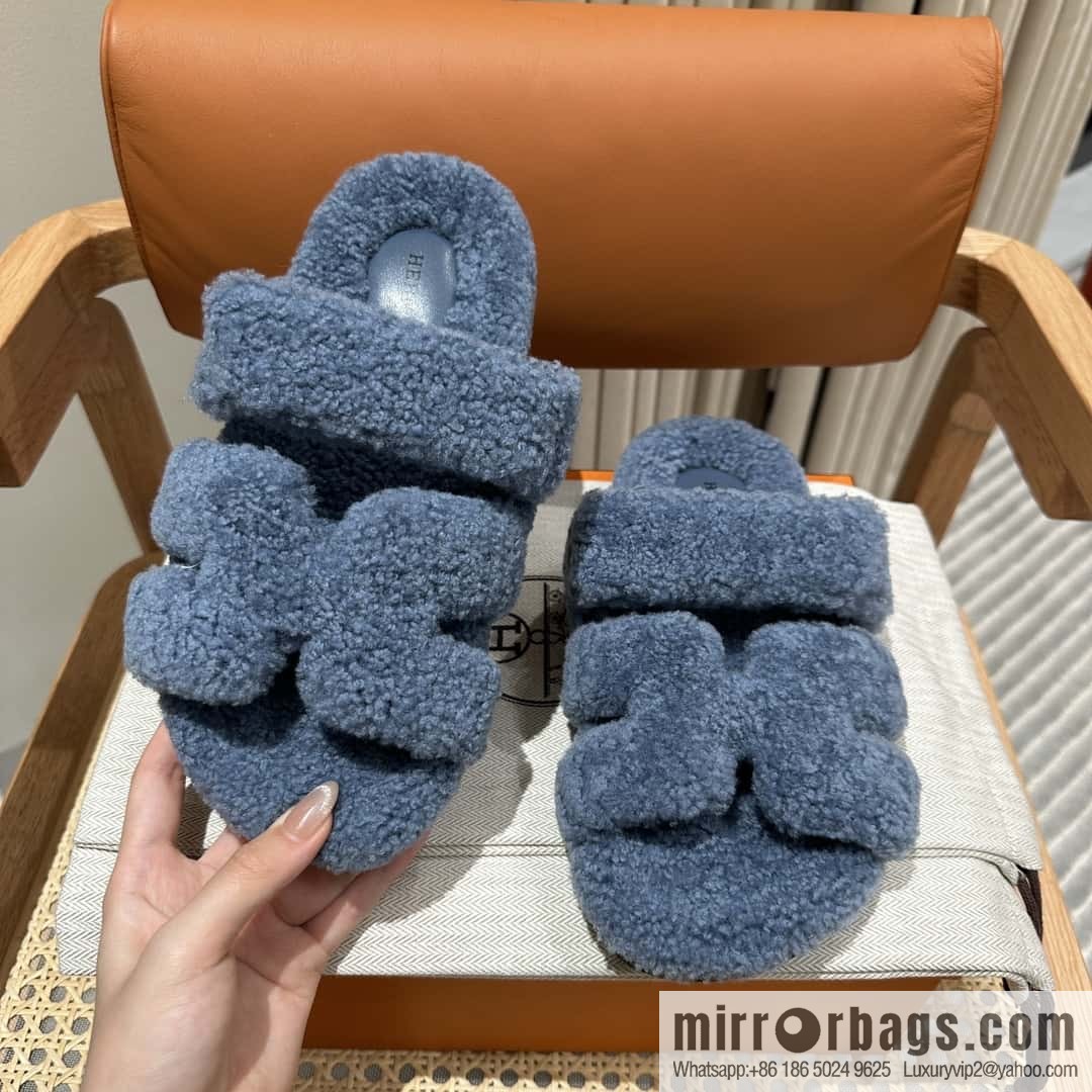 Hermès plush second uncle shoes Chypre sandals, premium blue