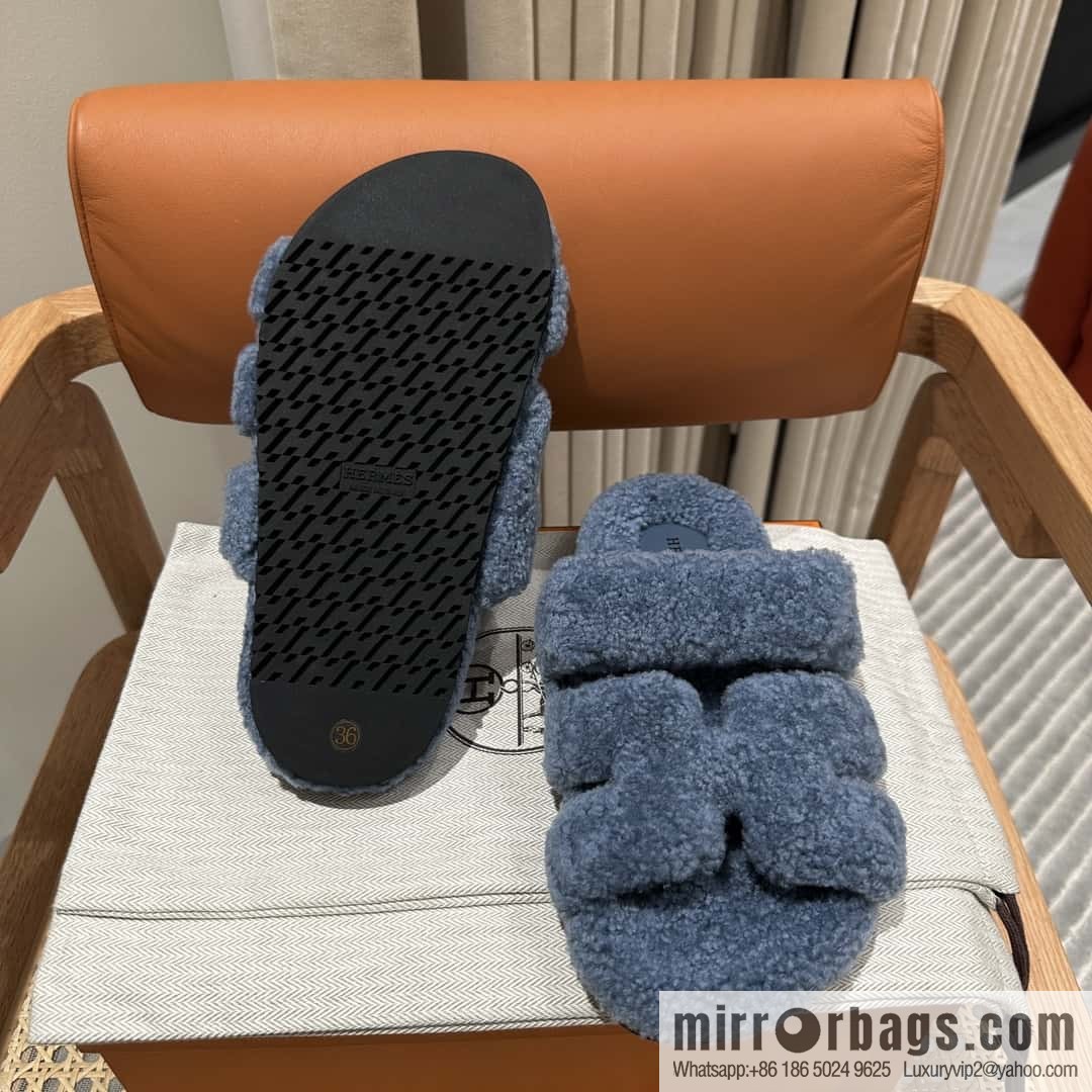 Hermès plush second uncle shoes Chypre sandals, premium blue