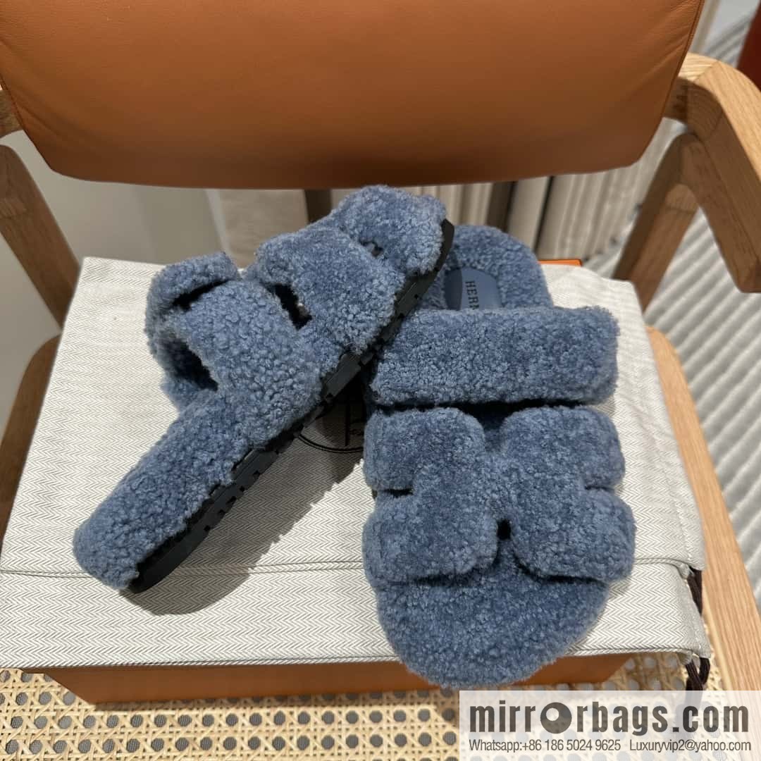 Hermès plush second uncle shoes Chypre sandals, premium blue