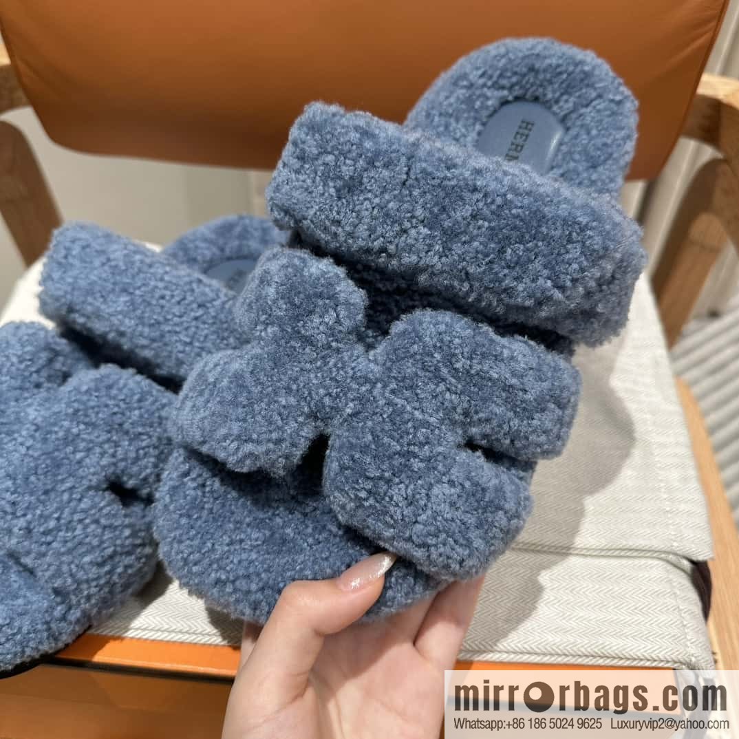 Hermès plush second uncle shoes Chypre sandals, premium blue