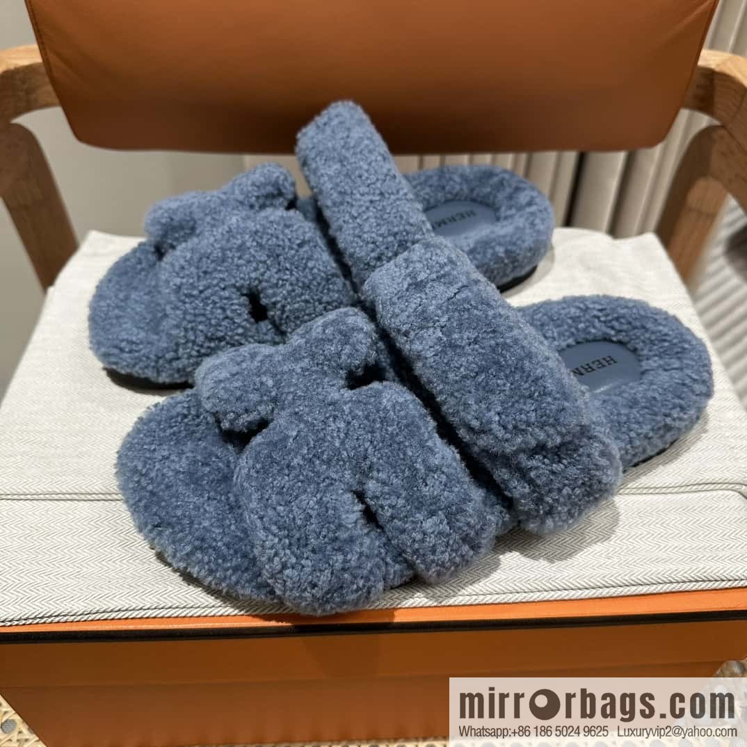 Hermès plush second uncle shoes Chypre sandals, premium blue