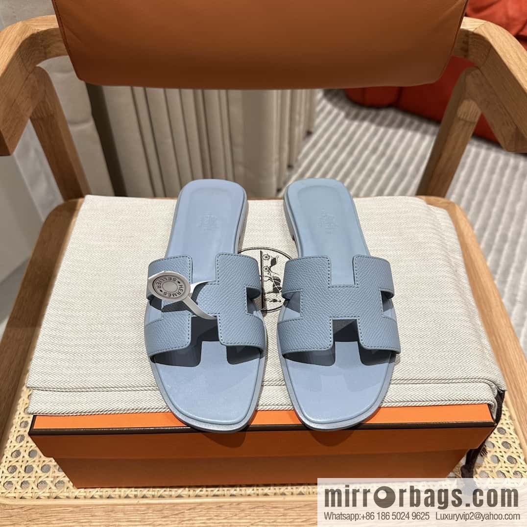 Hermès leather outsole H slippers, haze blue