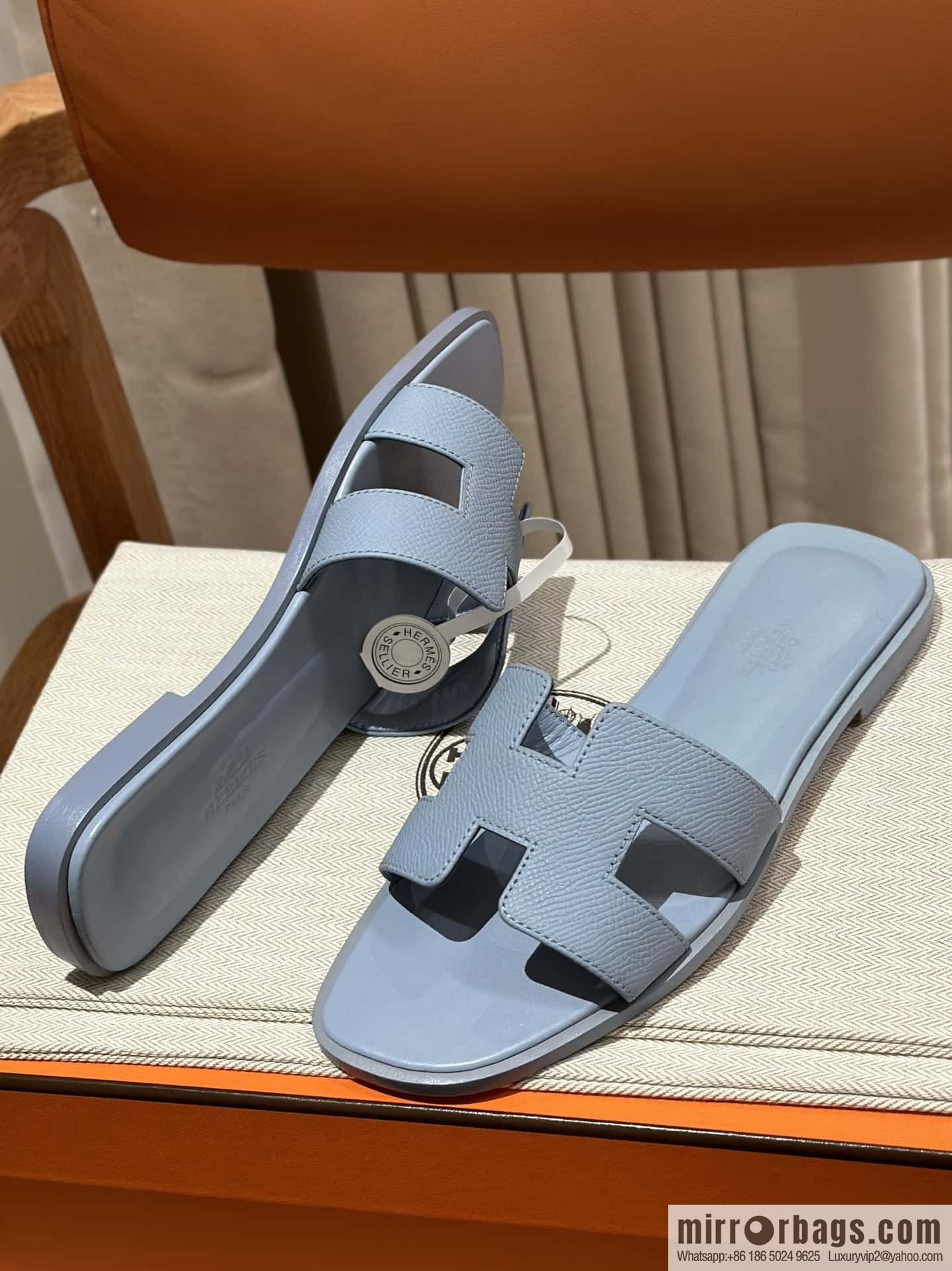 Hermès leather outsole H slippers, haze blue