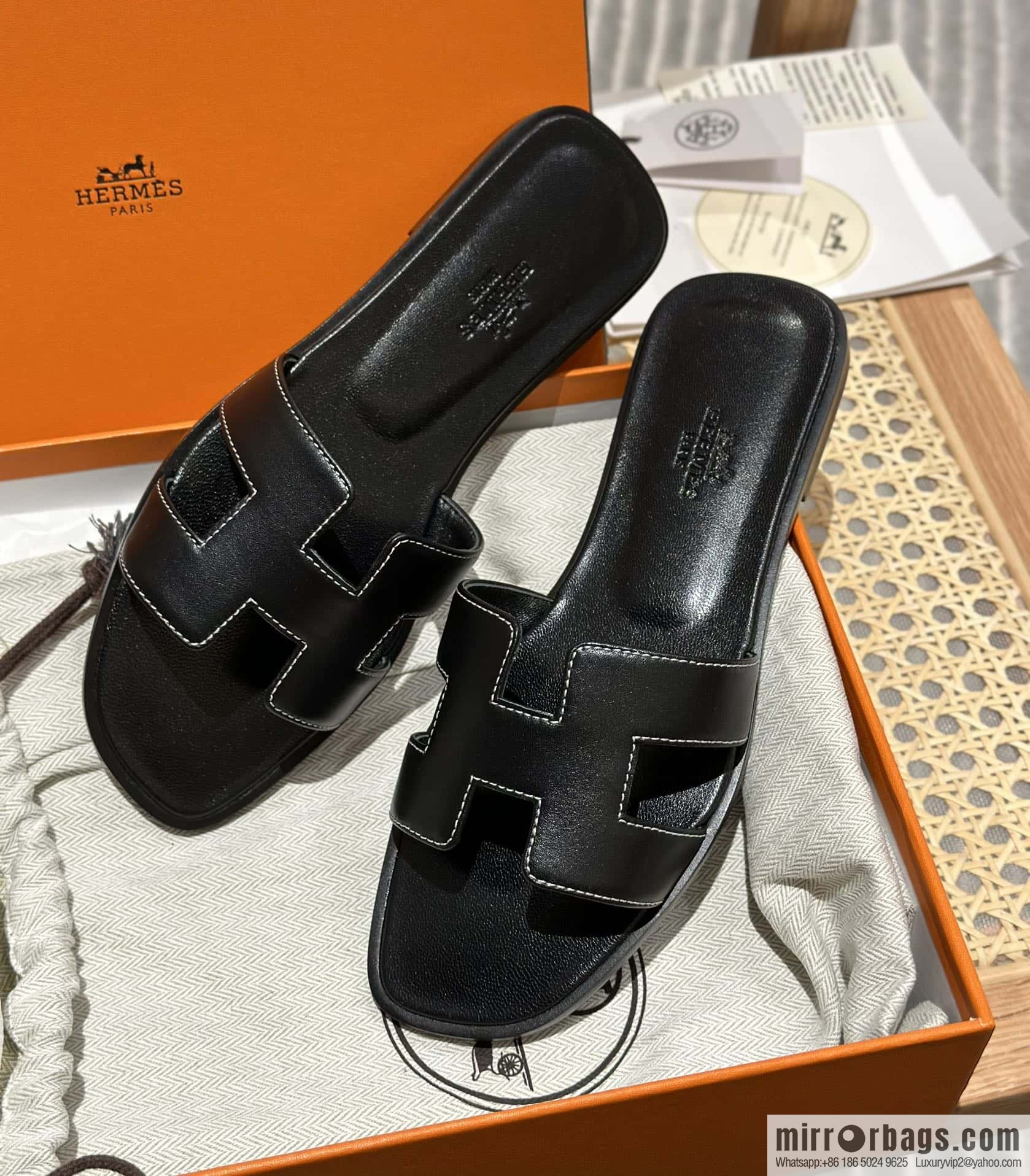 Hermès leather outsole H slippers, black