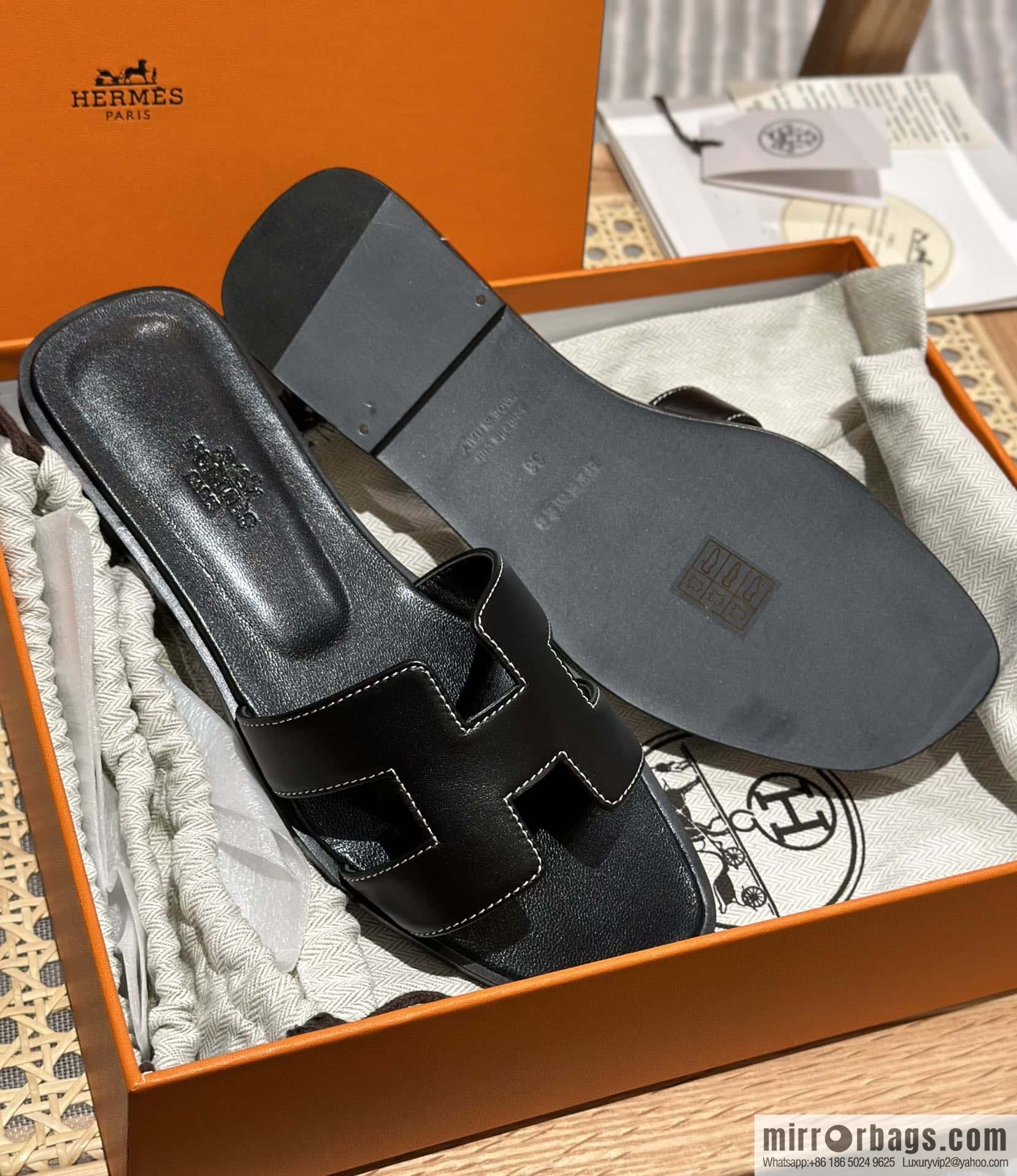 Hermès leather outsole H slippers, black