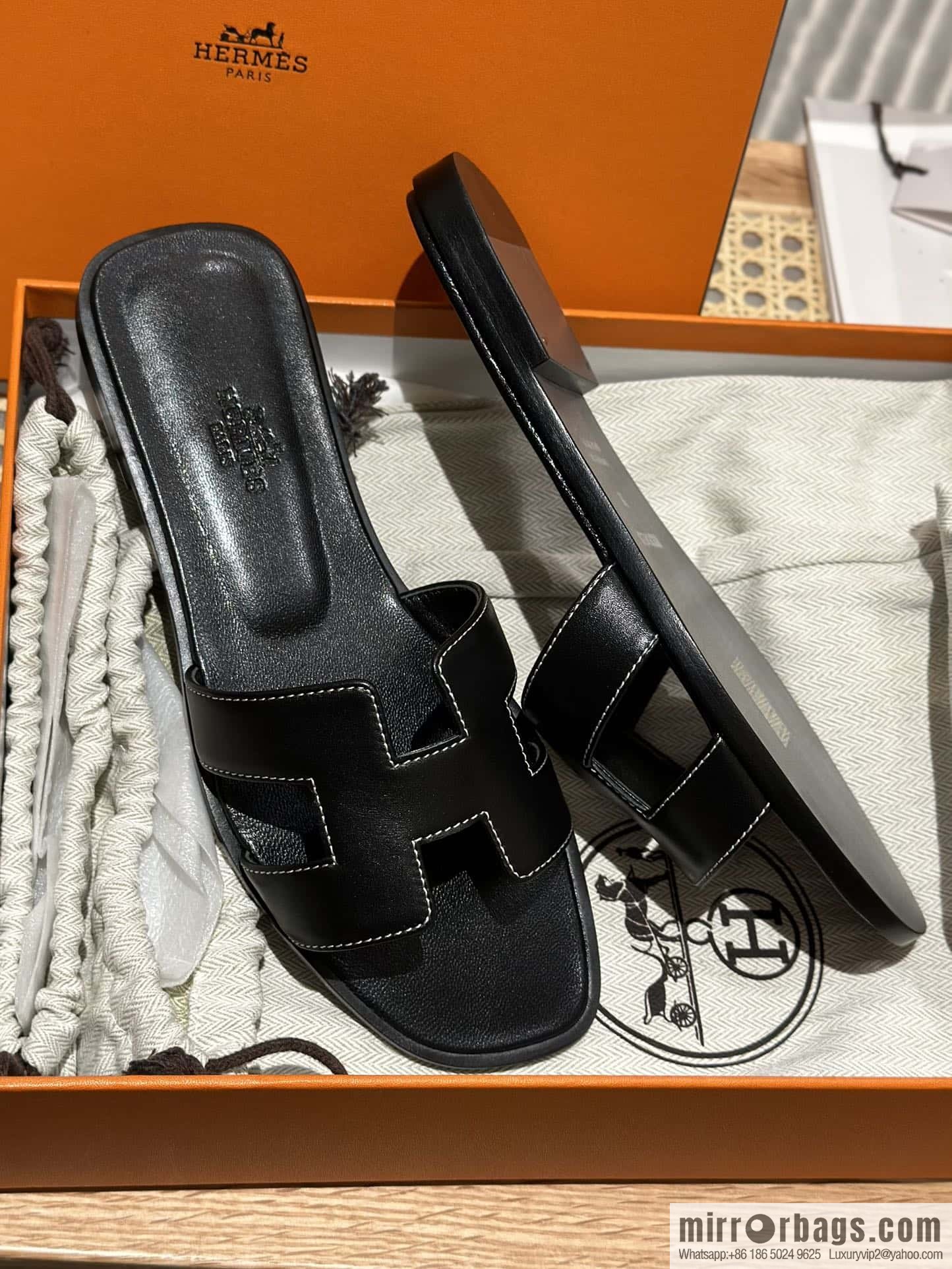 Hermès leather outsole H slippers, black
