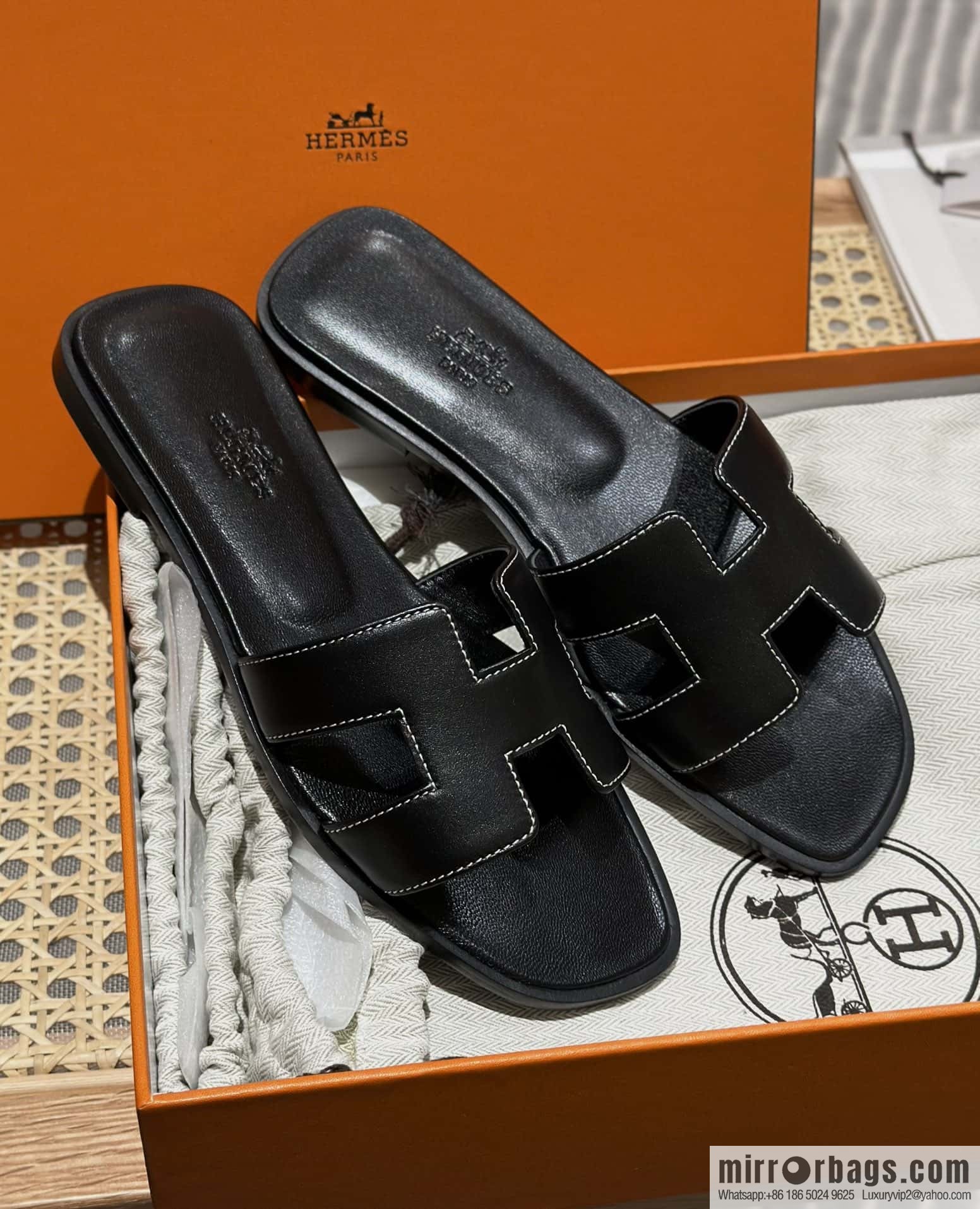 Hermès leather outsole H slippers, black