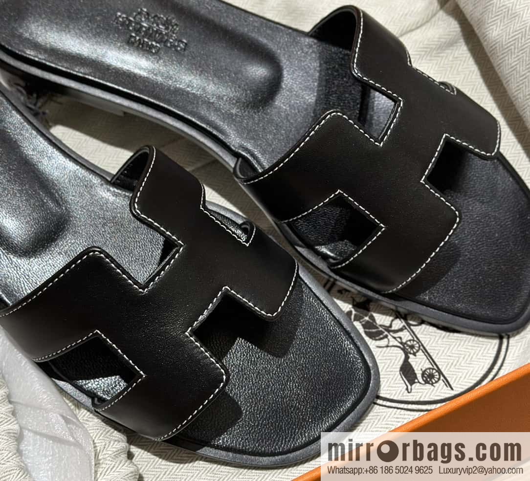 Hermès leather outsole H slippers, black