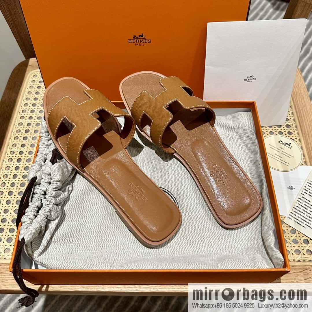Hermès leather outsole H slippers, brown