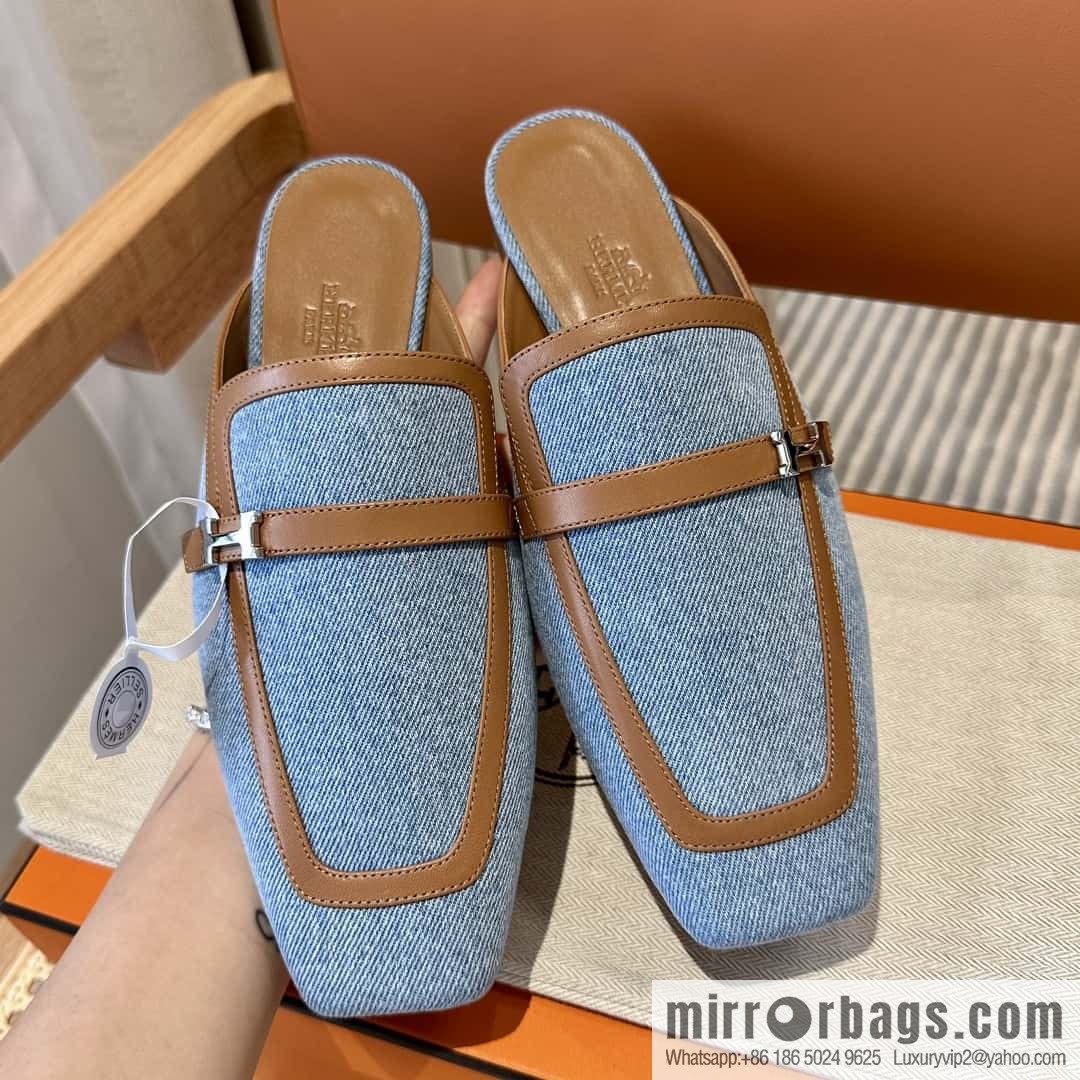 Hermes 2023 latest half-mop muller shoes πππ denim blue