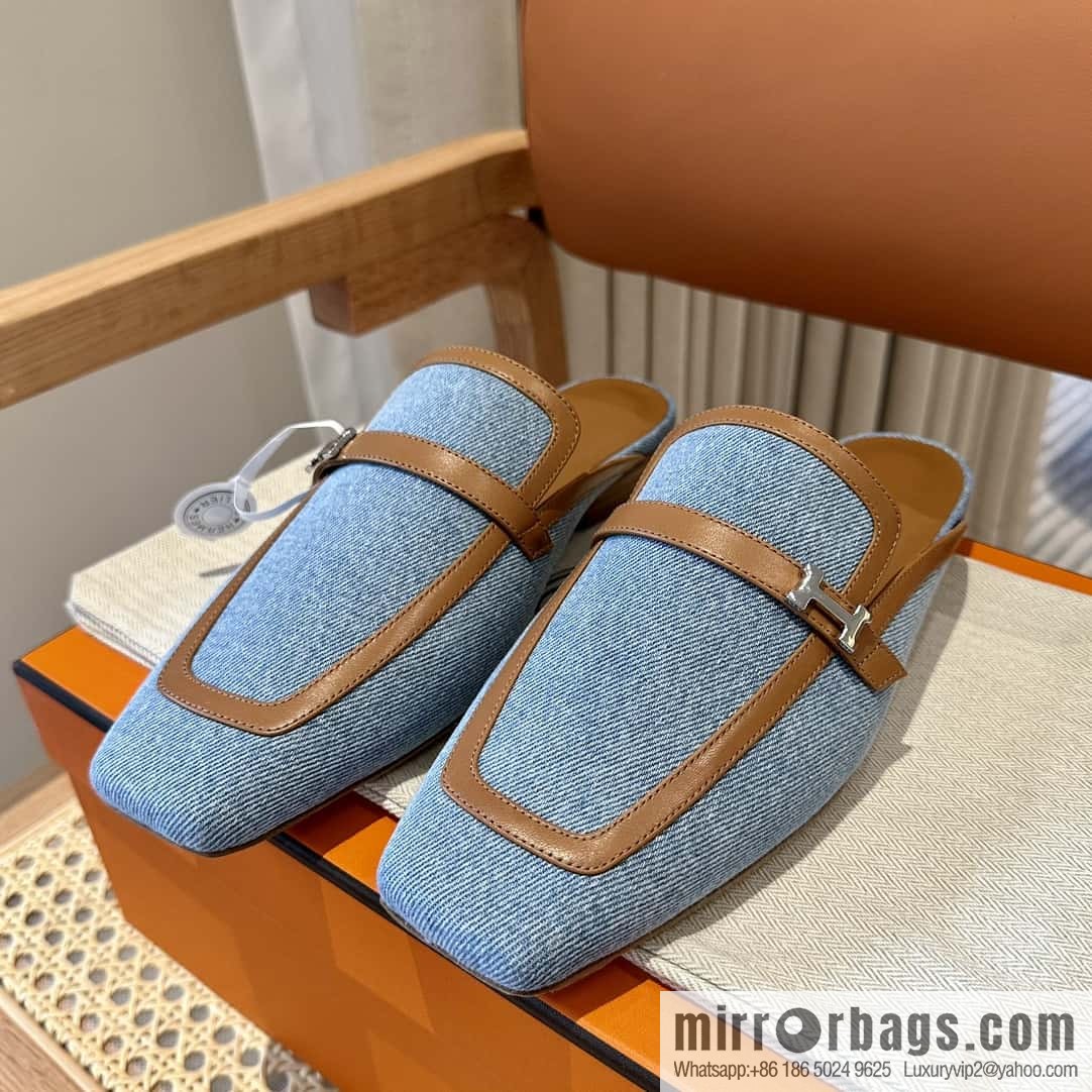 Hermes 2023 latest half-mop muller shoes πππ denim blue