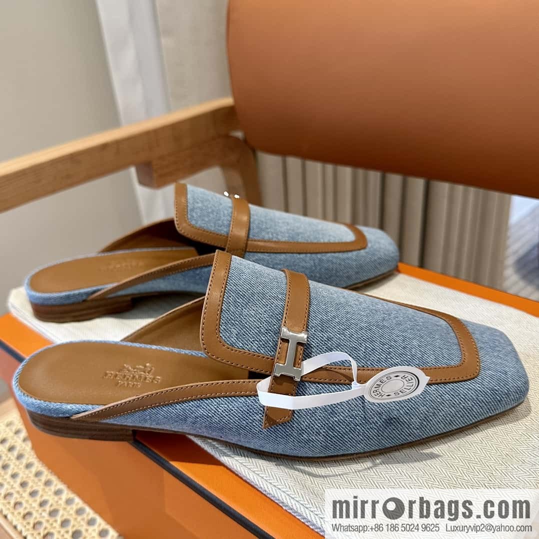 Hermes 2023 latest half-mop muller shoes πππ denim blue