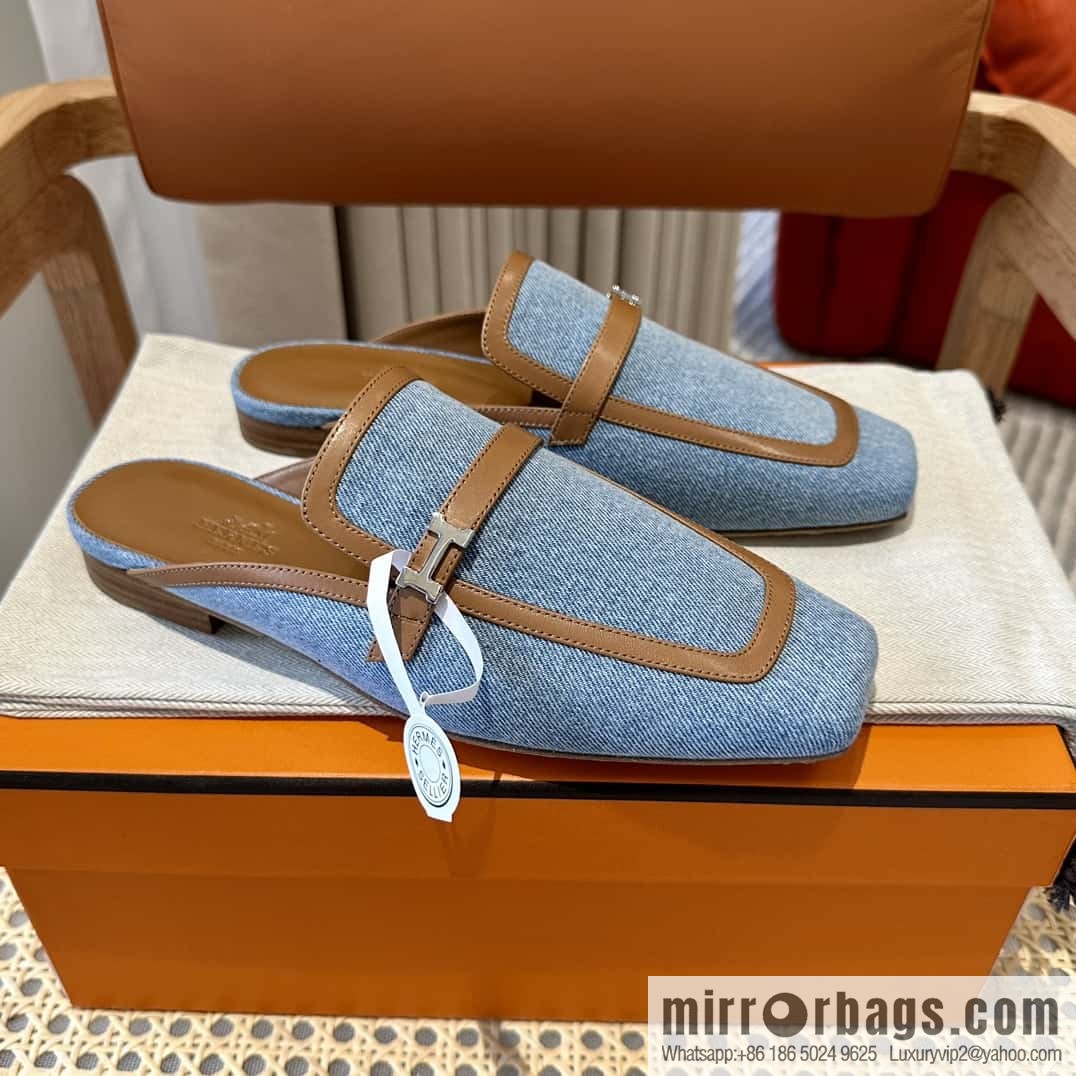 Hermes 2023 latest half-mop muller shoes πππ denim blue