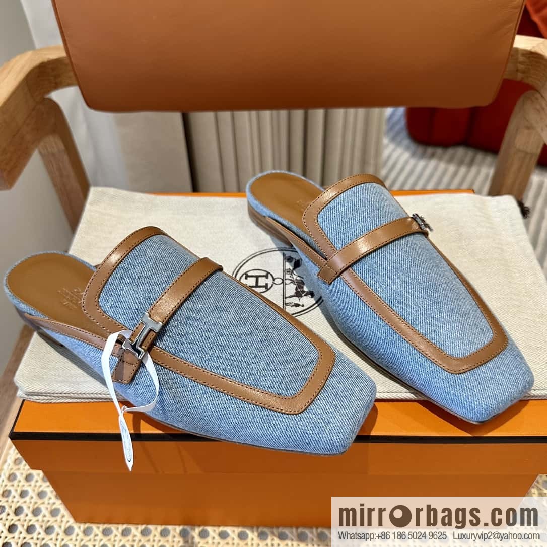 Hermes 2023 latest half-mop muller shoes πππ denim blue