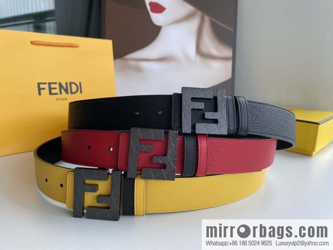 FENDI Fendi, Men's FF pattern metal buckle first layer cowhide double-sided belt 4.0cm