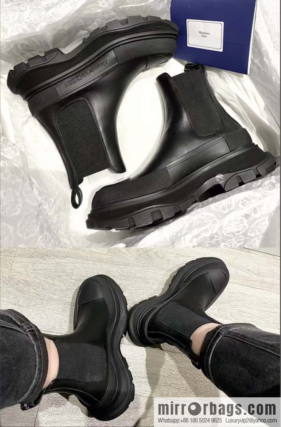Alexander McQueen, platform black calfskin Chelsea booties