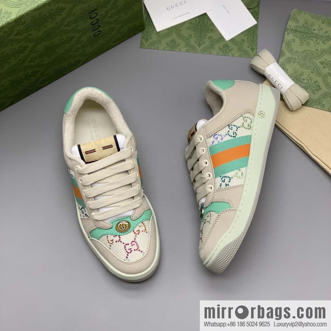 GUCCI Beige and Green with Crystal GG Canvas G Replica Luxury Handbag Women's Small Dirty Shoes