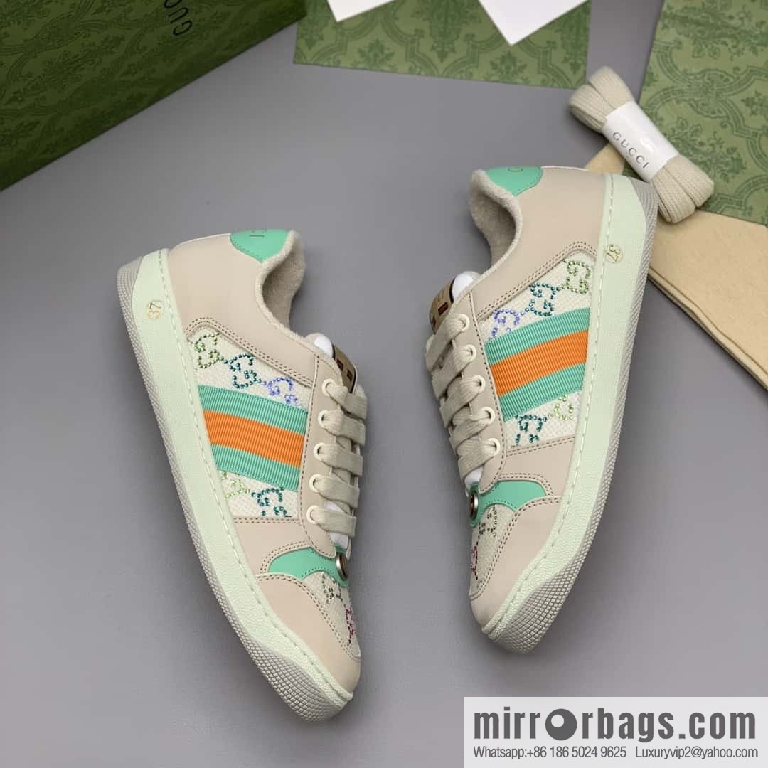 GUCCI Beige and Green with Crystal GG Canvas G Replica Luxury Handbag Women's Small Dirty Shoes