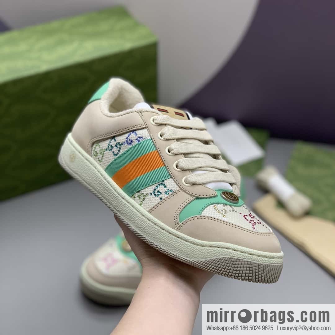 GUCCI Beige and Green with Crystal GG Canvas G Replica Luxury Handbag Women's Small Dirty Shoes