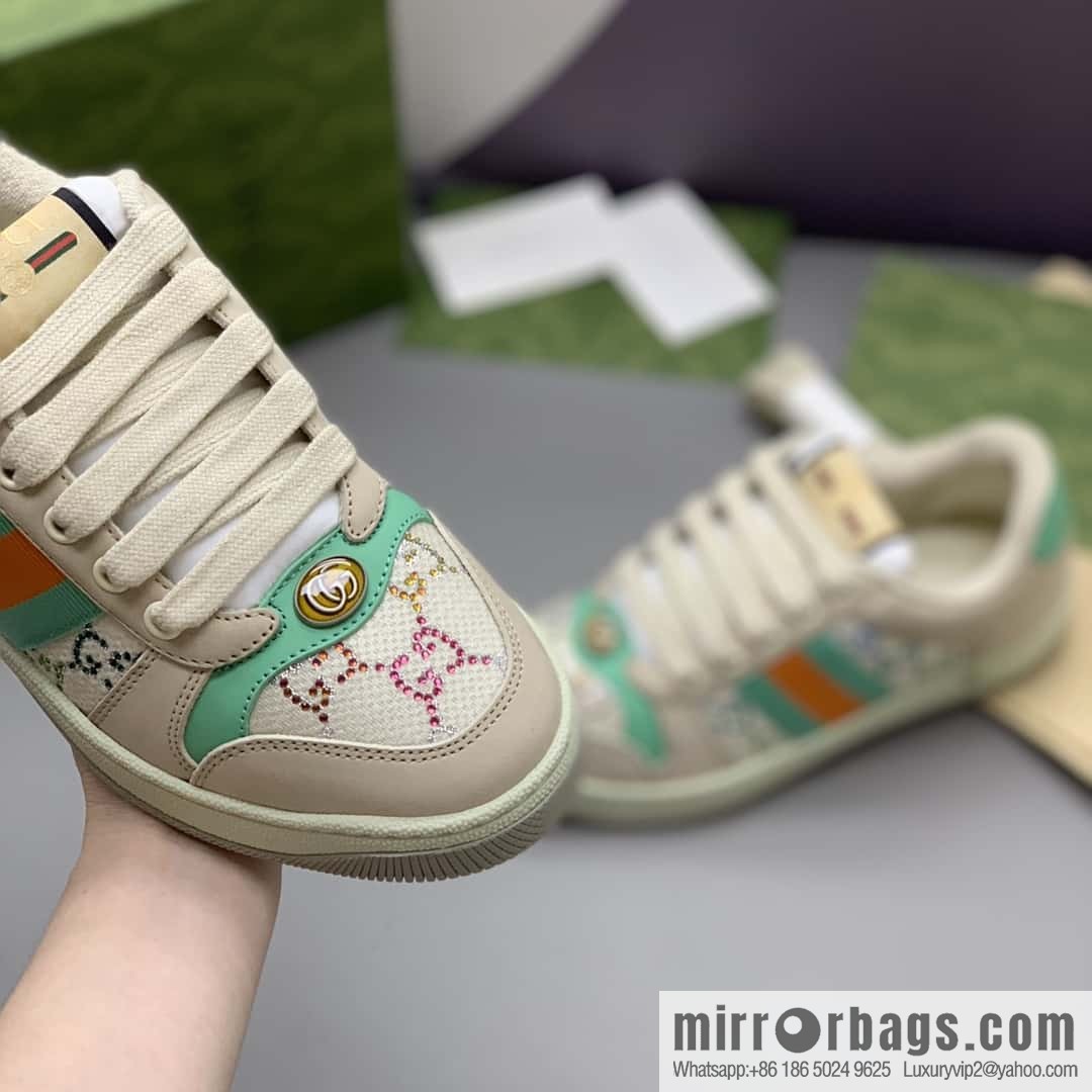 GUCCI Beige and Green with Crystal GG Canvas G Replica Luxury Handbag Women's Small Dirty Shoes