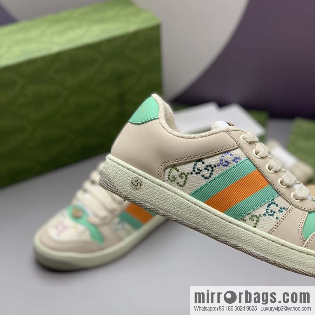 GUCCI Beige and Green with Crystal GG Canvas G Replica Luxury Handbag Women's Small Dirty Shoes