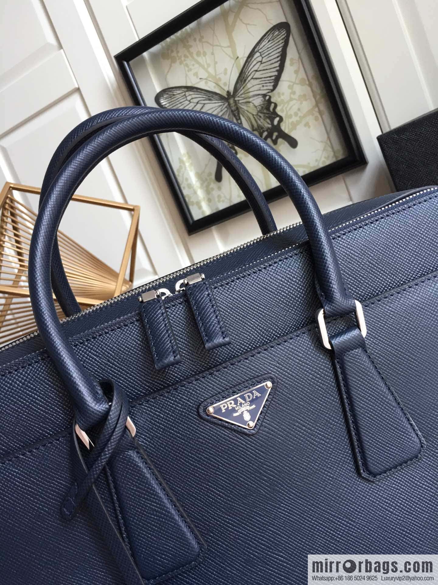 PRADA imported cross pattern leather briefcase 0366B blue