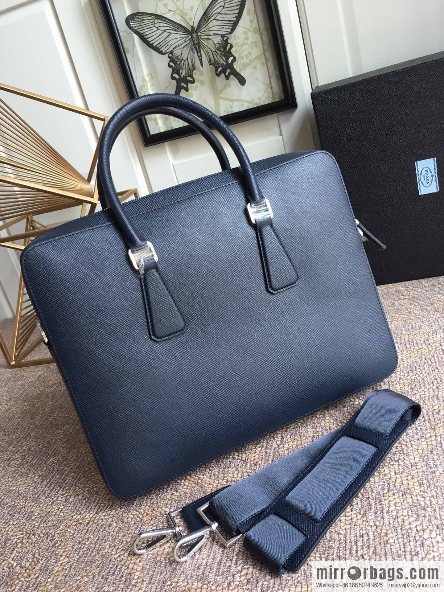 PRADA imported cross pattern leather briefcase 0366B blue