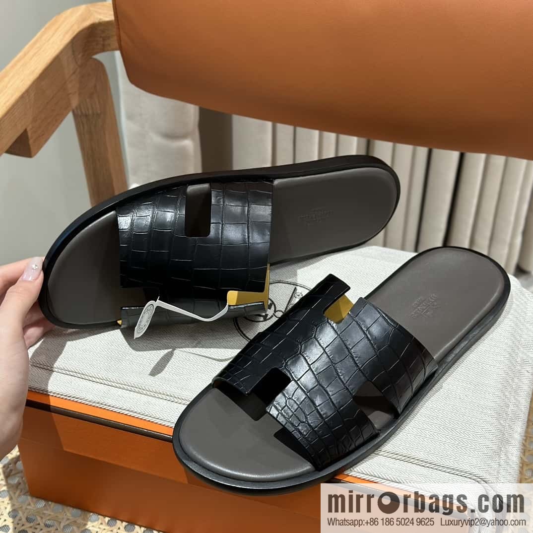 Hermès crocodile leather H family male god slippers
