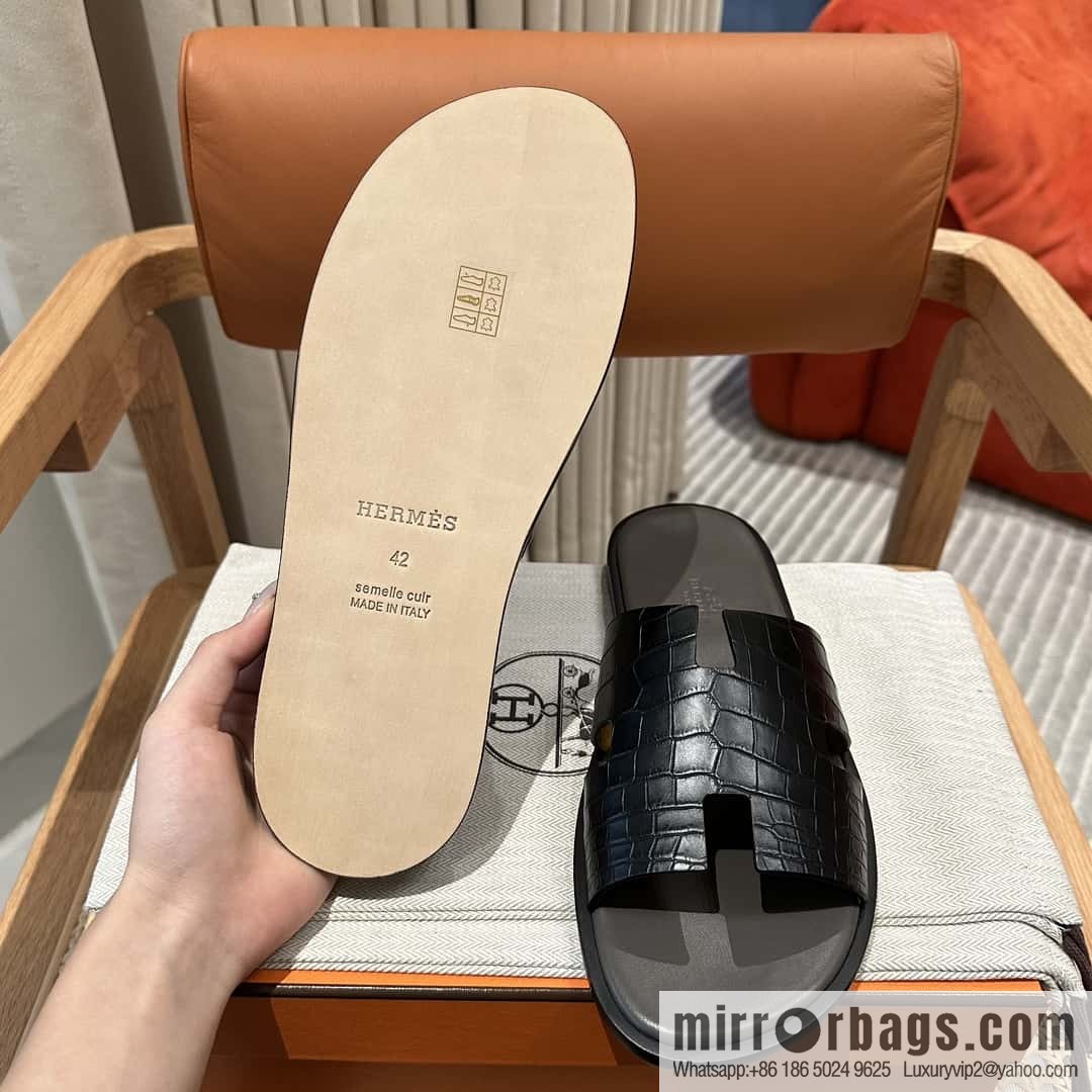 Hermès crocodile leather H family male god slippers