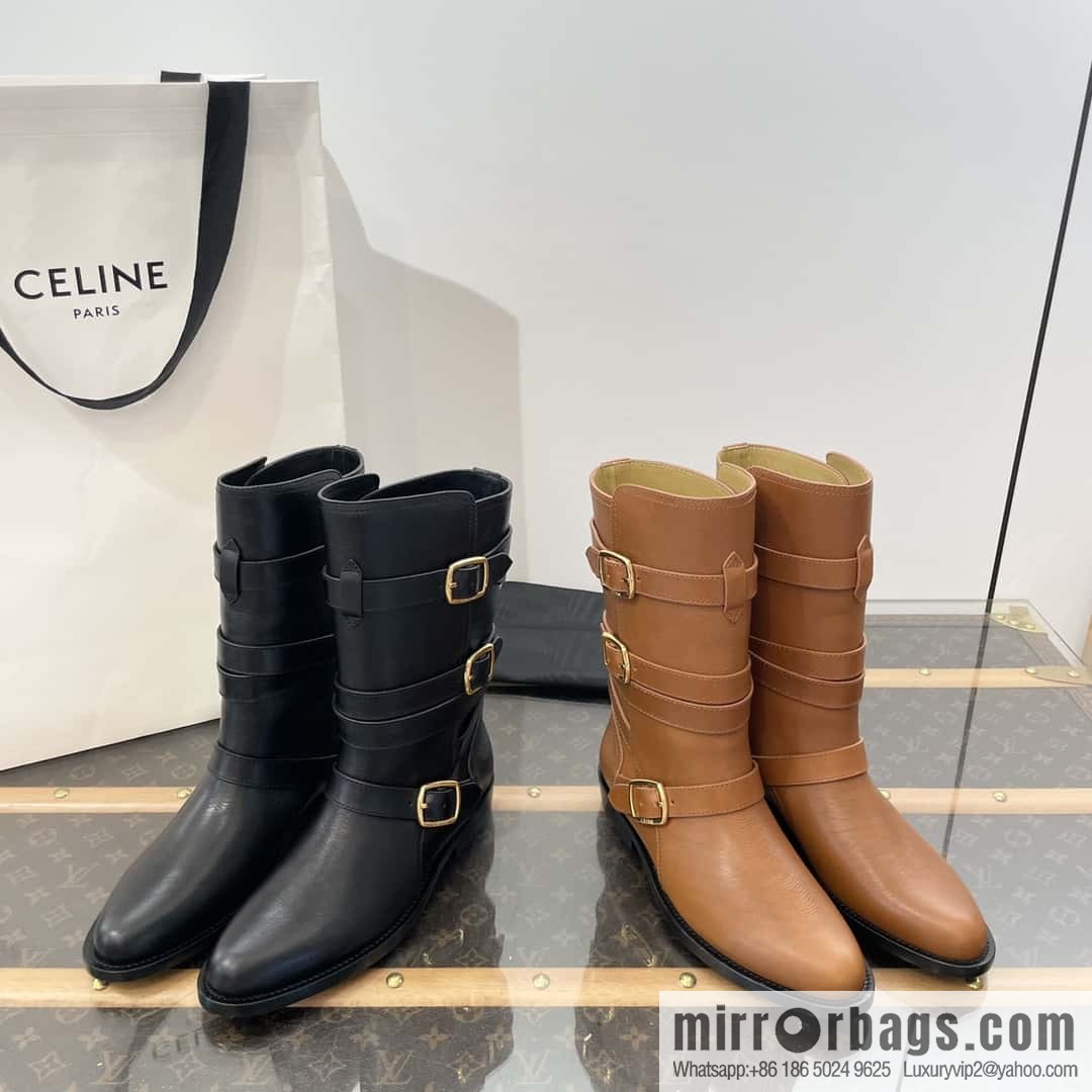 CELINE Vegetable Tanned Cow Leather Medium Tube Lace-Up Locomotive Boots