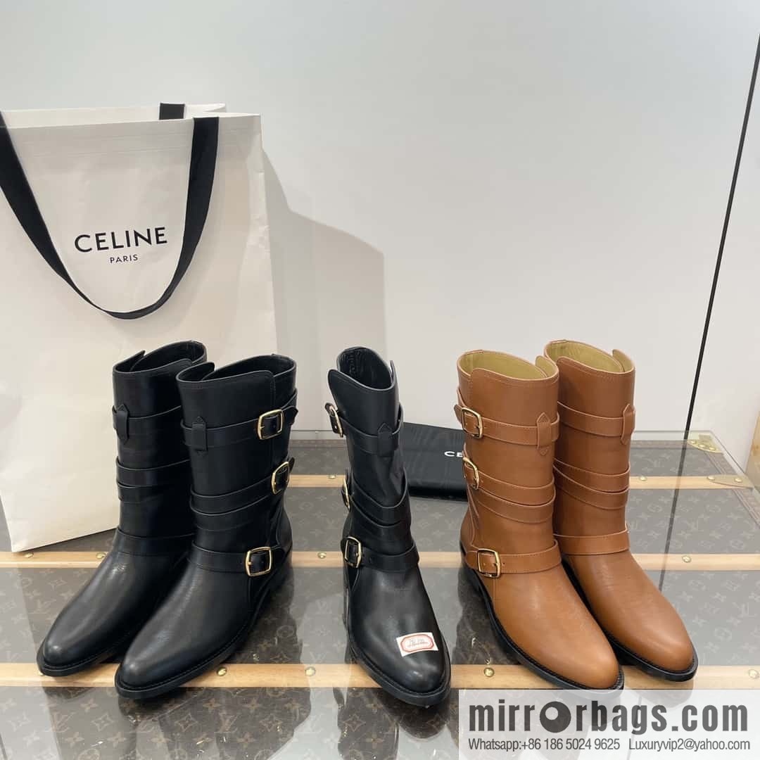 CELINE Vegetable Tanned Cow Leather Medium Tube Lace-Up Locomotive Boots