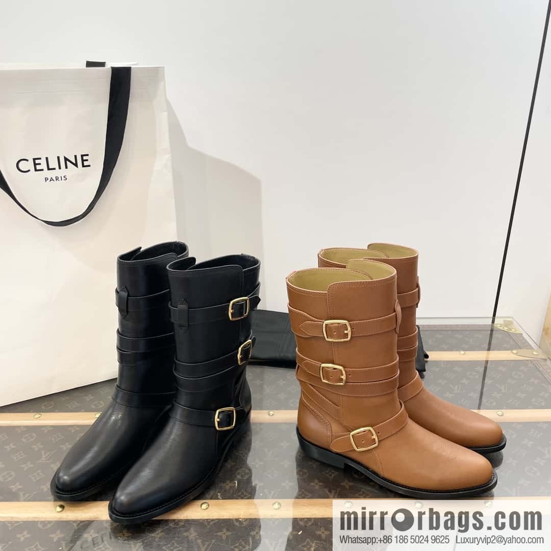 CELINE Vegetable Tanned Cow Leather Medium Tube Lace-Up Locomotive Boots
