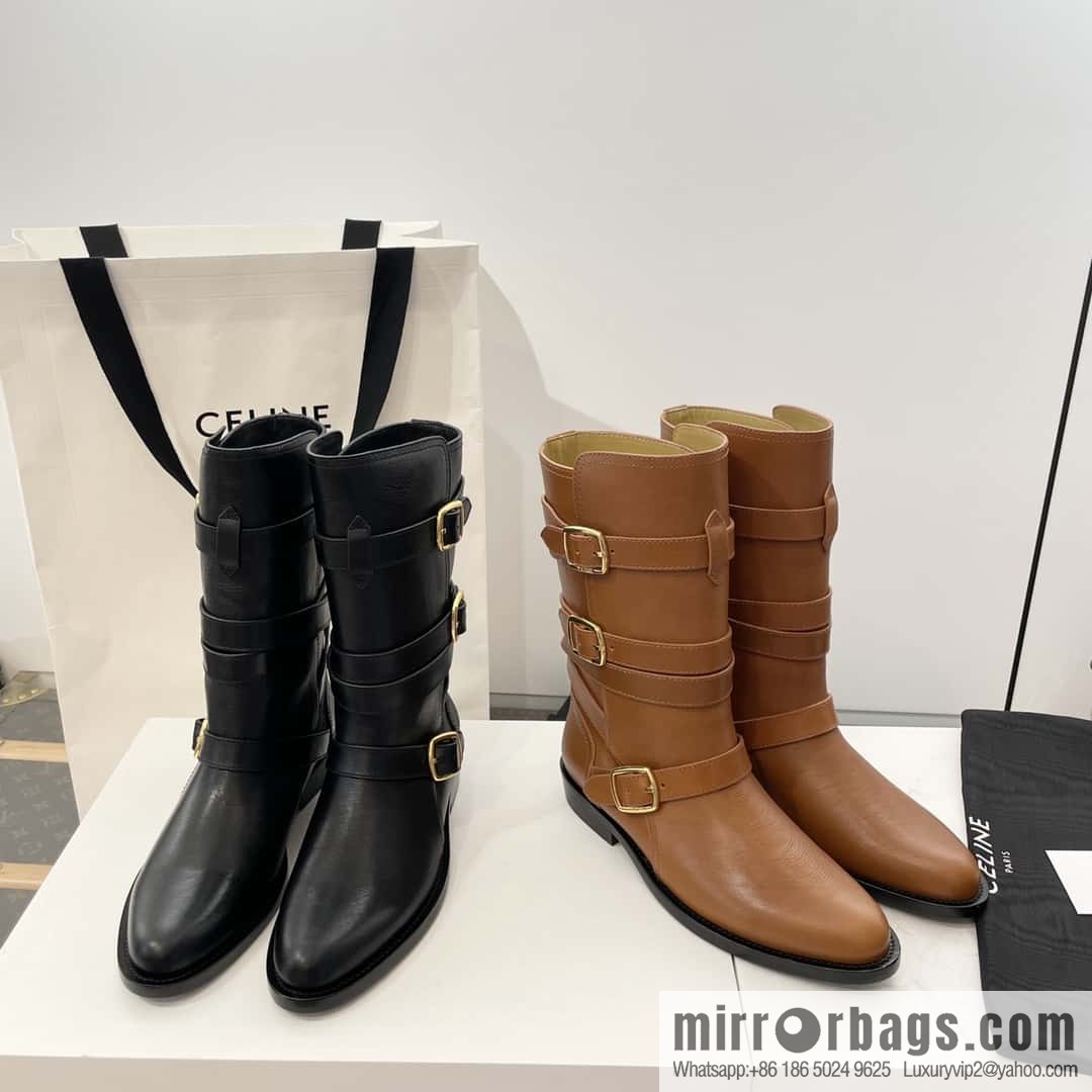 CELINE Vegetable Tanned Cow Leather Medium Tube Lace-Up Locomotive Boots