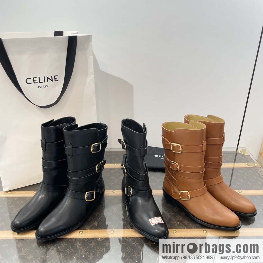 CELINE Vegetable Tanned Cow Leather Medium Tube Lace-Up Locomotive Boots