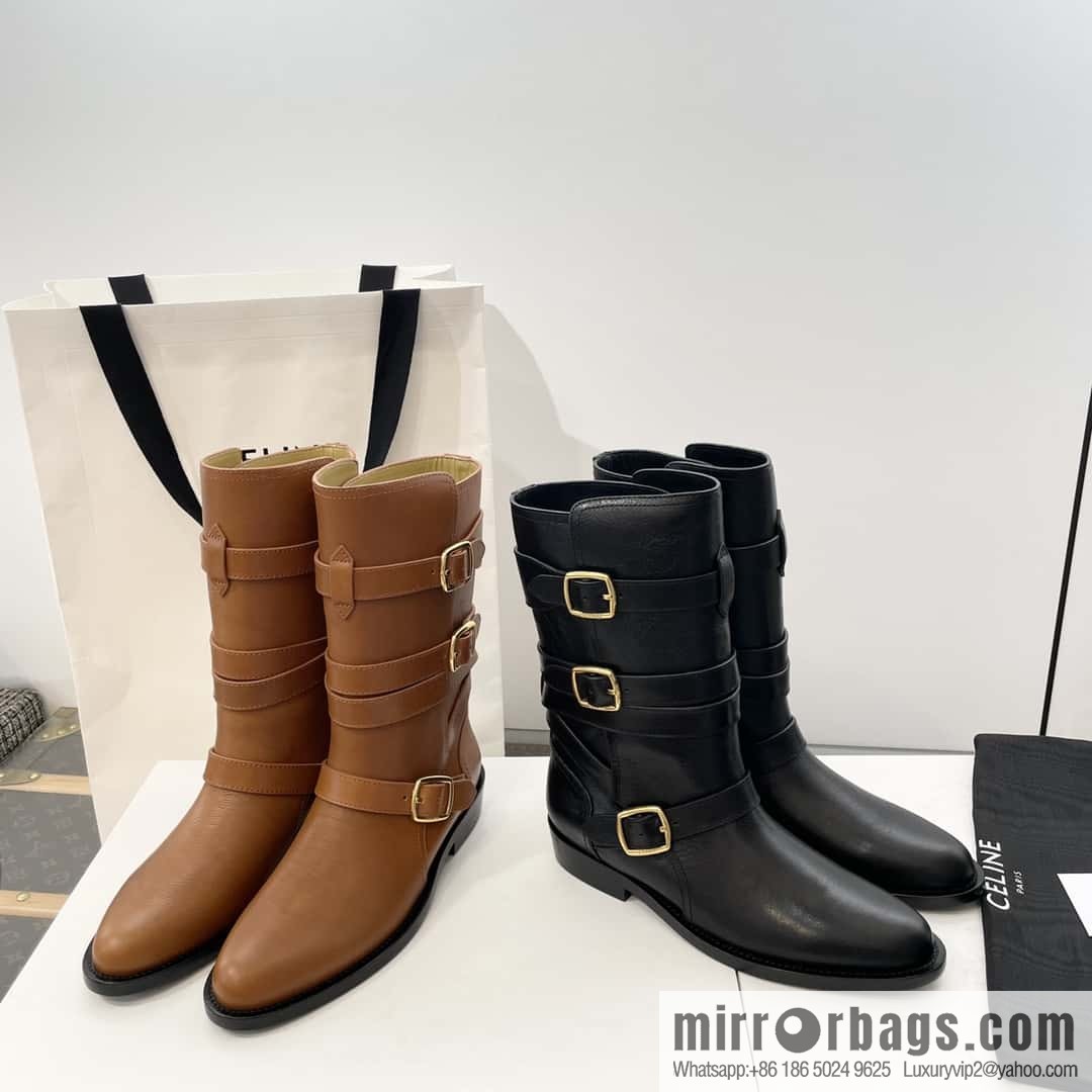 CELINE Vegetable Tanned Cow Leather Medium Tube Lace-Up Locomotive Boots